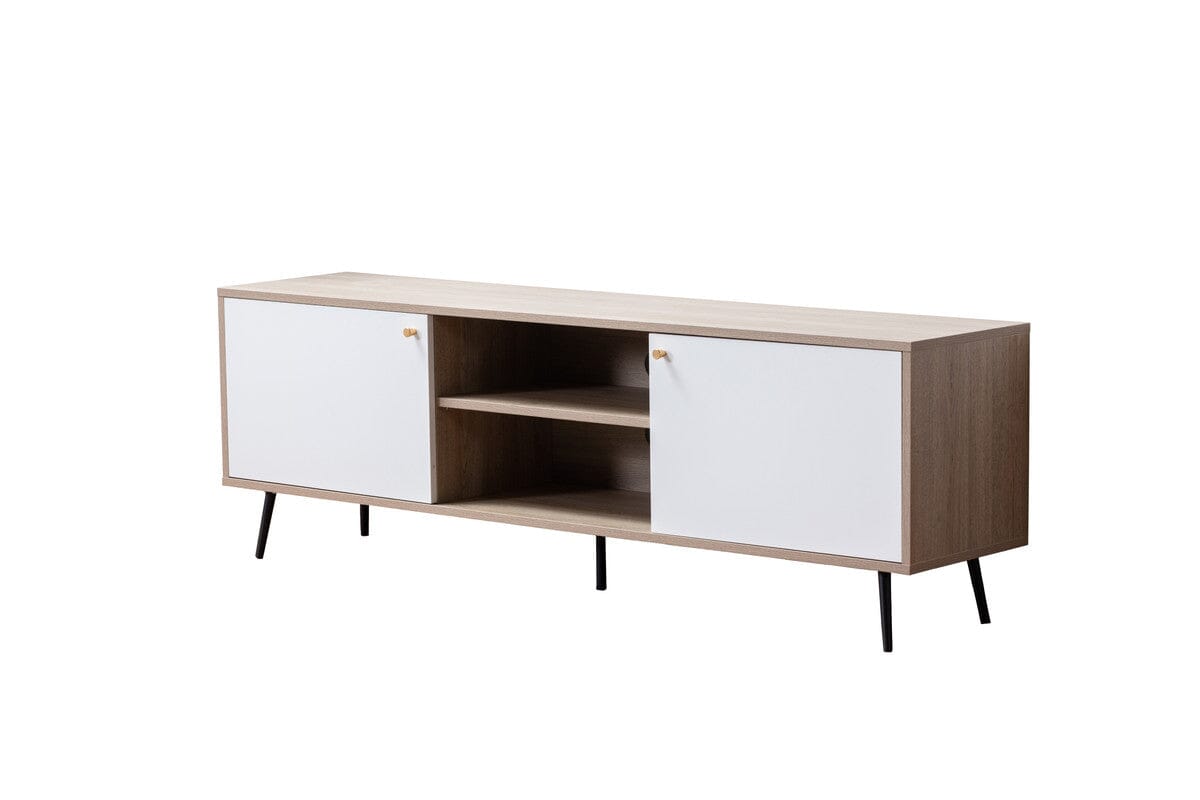 Aurora Light Brown Wood Finish TV Stand with 2 White Cabinets & Modular Shelves - Modern Entertainment Center for Living Room & Home Theater