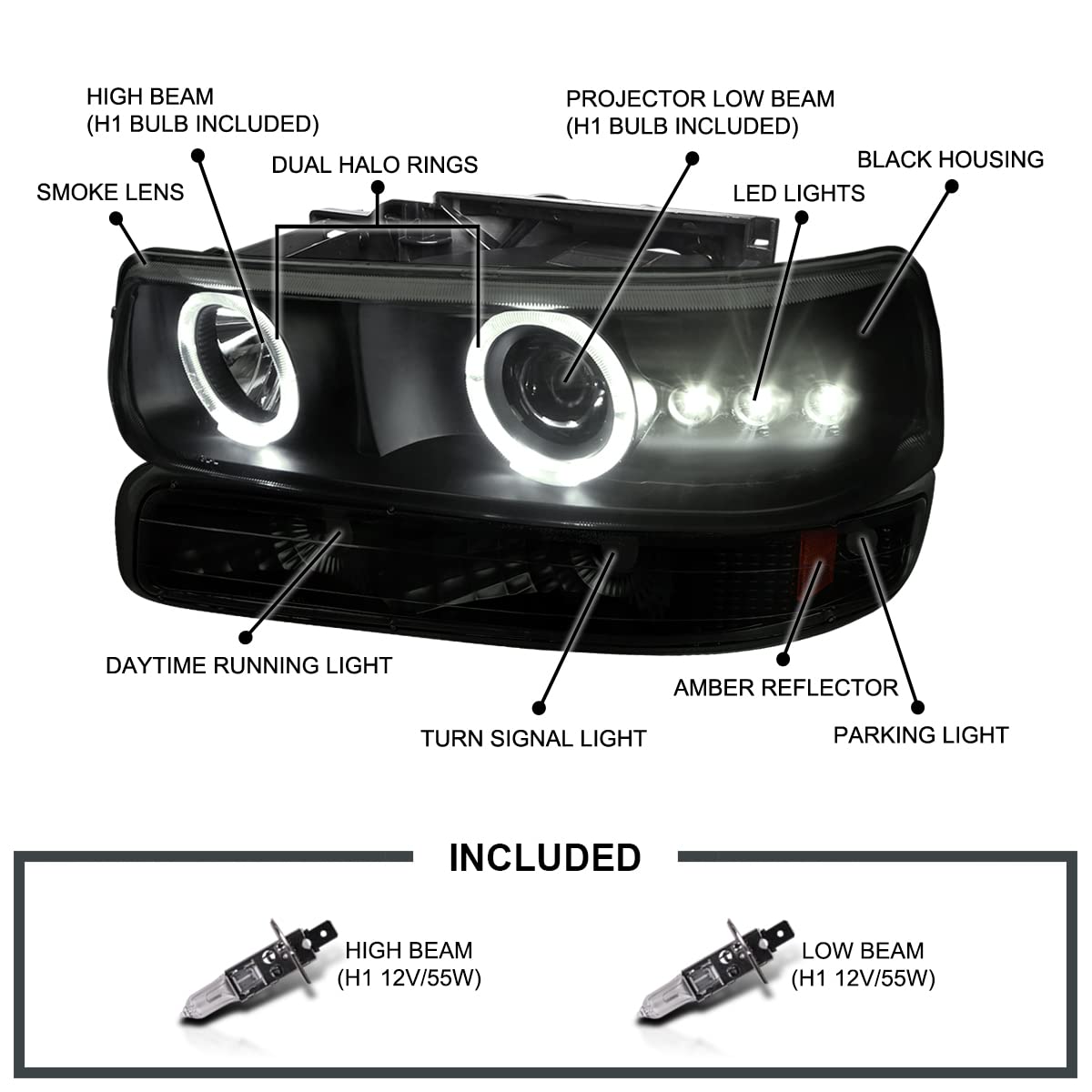 Spec-D Tuning Smoke LED Halo Projector Headlights with Bumper Lights - Compatible with 1999-2002 Chevy Silverado 1500/2500/3500 & 2000-2006 Tahoe - Left & Right Pair Headlamp Assembly - Upgrade for Night Driving & Off-Road Adventures