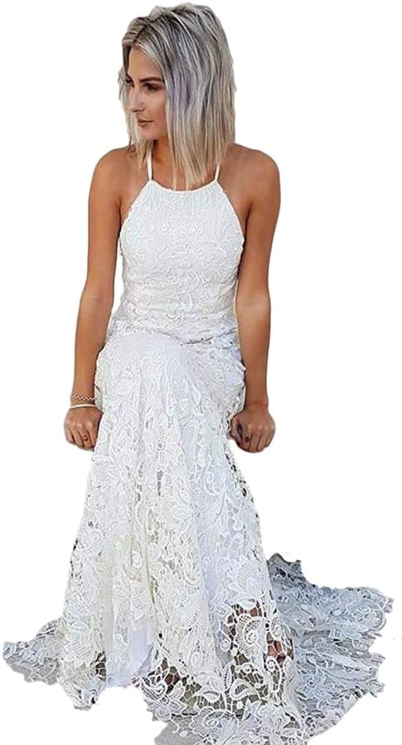 Women's Plus Size Boho Wedding Dress - Floral Lace Halter Backless Gown for Beach, Garden & Outdoor Ceremonies | Picture Perfect Bridal Attire