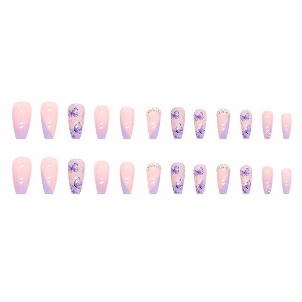 24PCS Purple Glitter Acrylic Press-On Nails with Rhinestone & Butterfly Design - Long Fake Nails for Women & Girls, Full Cover Artificial Nails with Sequins - Perfect for Parties, Weddings, and Special Occasions