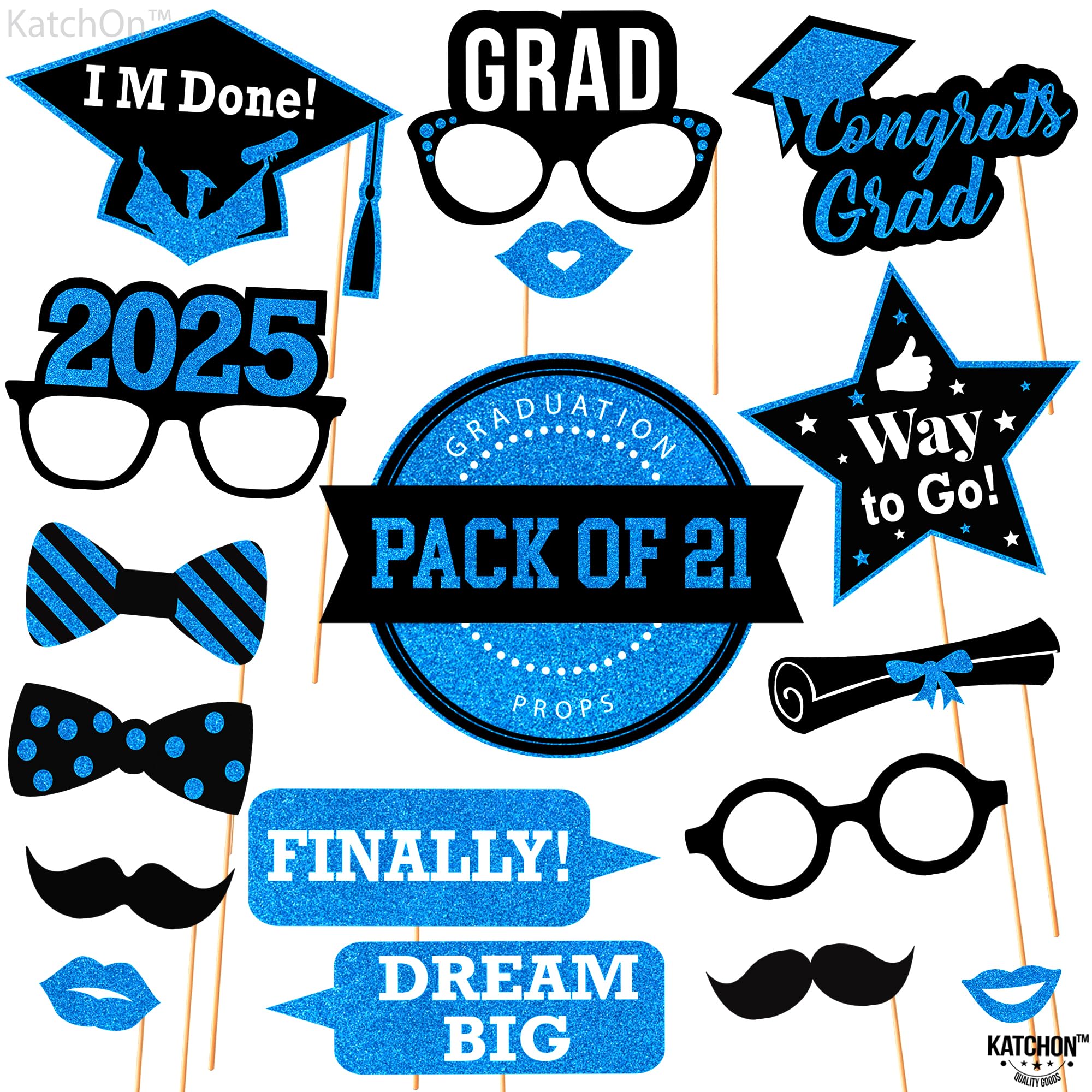KatchOn 2025 Graduation Photo Booth Props - 21-Piece Glitter Decor Set for Class of 2025 | Blue Graduation Party Supplies, Photo Shoot Accessories & Celebration Favors | Perfect for Graduation Ceremonies, Parties and Memory Keepsakes