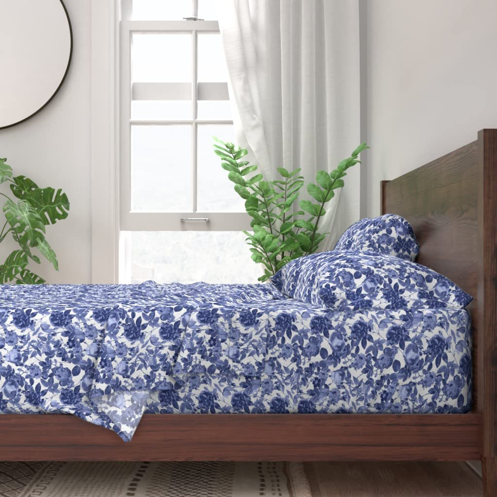 100% Cotton Twin Sheet Set 3pc - Victorian Rose Vintage Cobalt Chinoiserie Floral Blue Redouté Antique Print Custom Bedding | Soft Breathable Sheets for Bedroom, Guest Room & Dorm | Spoonflower