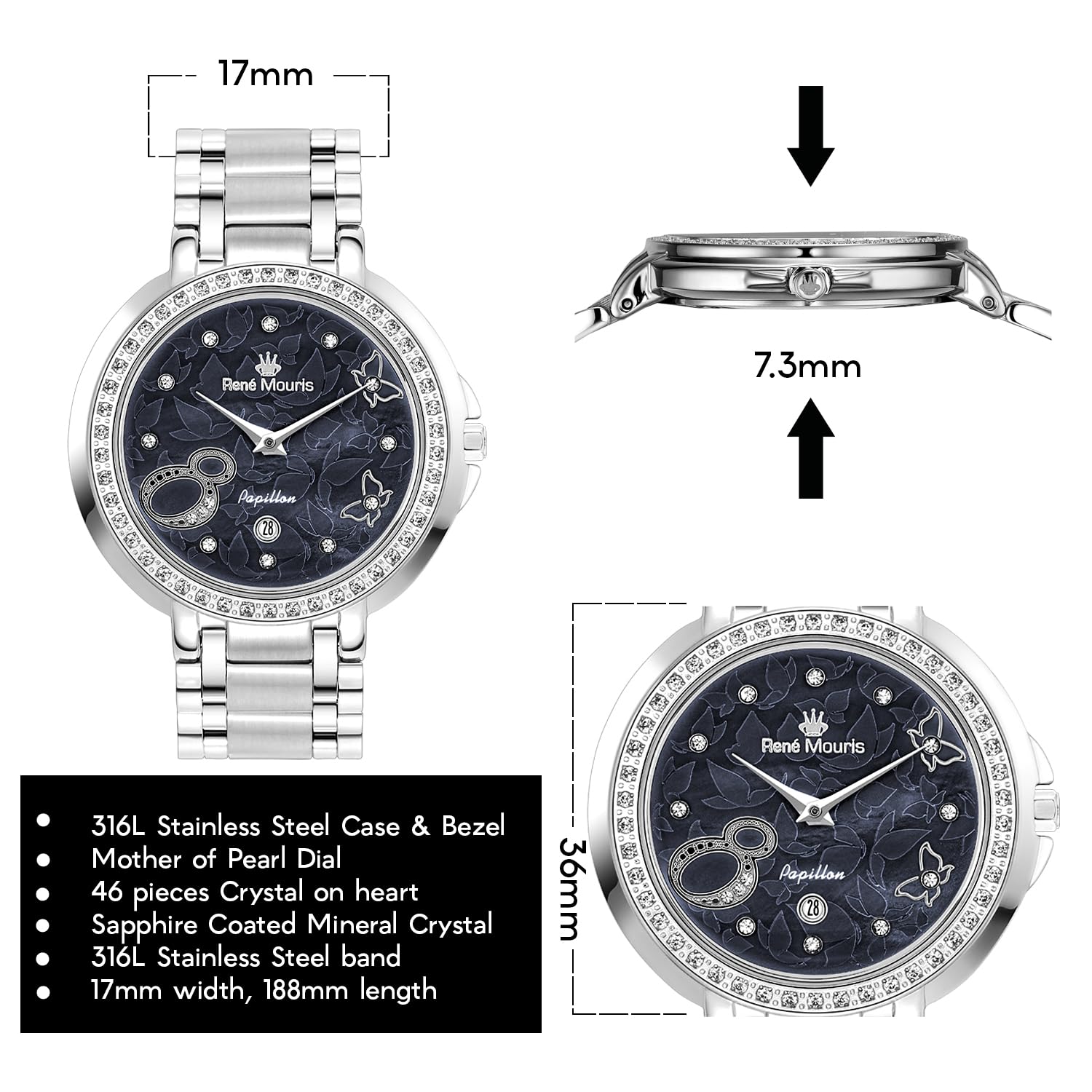 René Mouris Papillon Women's Luxury Watch - 36mm 316L Stainless Steel Case, Sapphire Coated Crystal, 50M Waterproof - Elegant Dress Watch for Business, Party & Everyday Wear