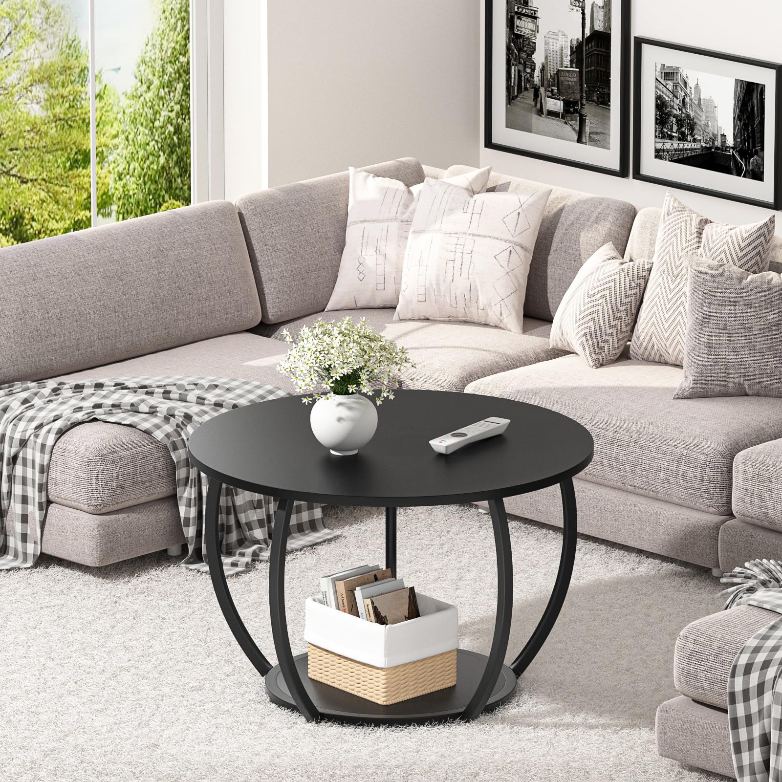 GreenForest 27.6 Inch Round Coffee Table with Storage - Adjustable Feet 2-Tier Farmhouse Style Center Table for Living Room, Home Office - Black | Perfect for Small Spaces, Coffee Time & Family Gatherings