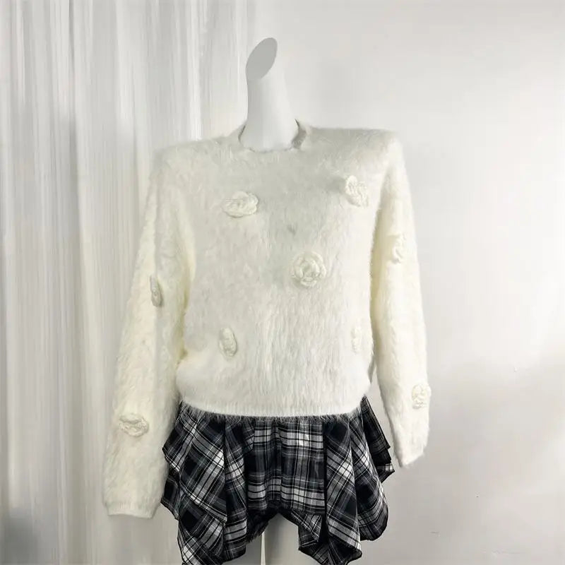Women's White Mink Flower Embroidered Knit Sweater - Retro Round Neck Long Sleeve Pullover for Autumn Winter | Cozy Vacation Outfit, Casual Wear & Holiday Fashion