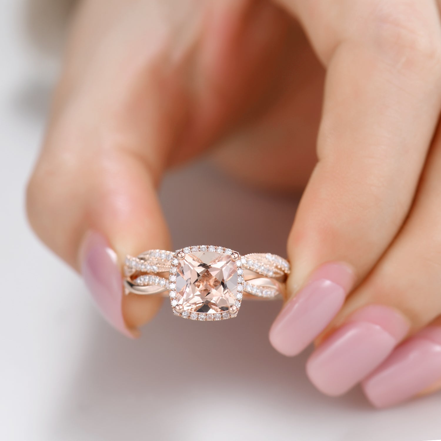 Rose Gold Morganite & Diamond Engagement Ring Set with Twist Infinity Wedding Band – Perfect for Proposals, Anniversaries & Bridal Jewelry