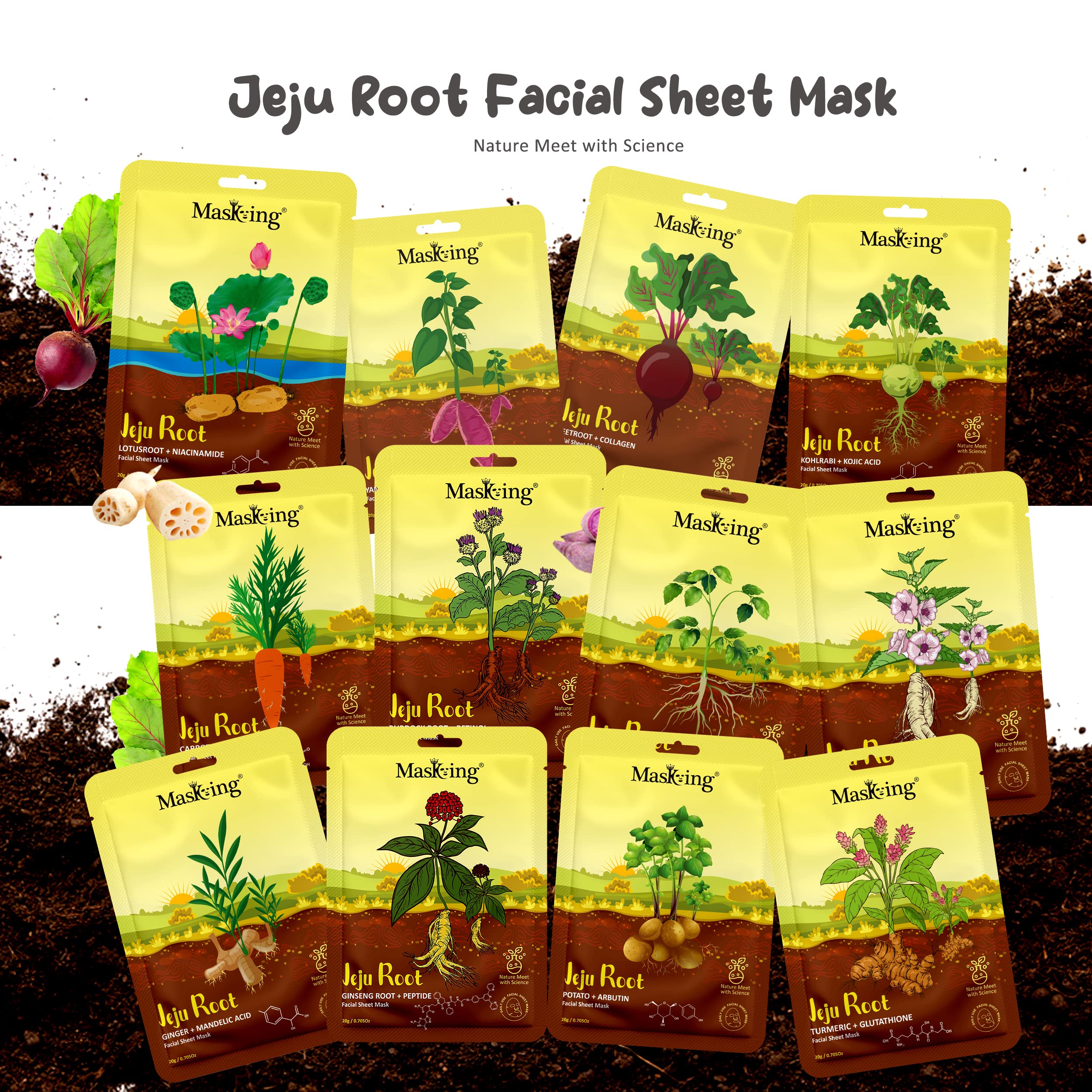 Jeju Root Face Sheet Mask - Brightening, Firming & Glowing Skin Care for Women & Men - Pack of 5 - Perfect for Daily Skincare Routine & Spa Night