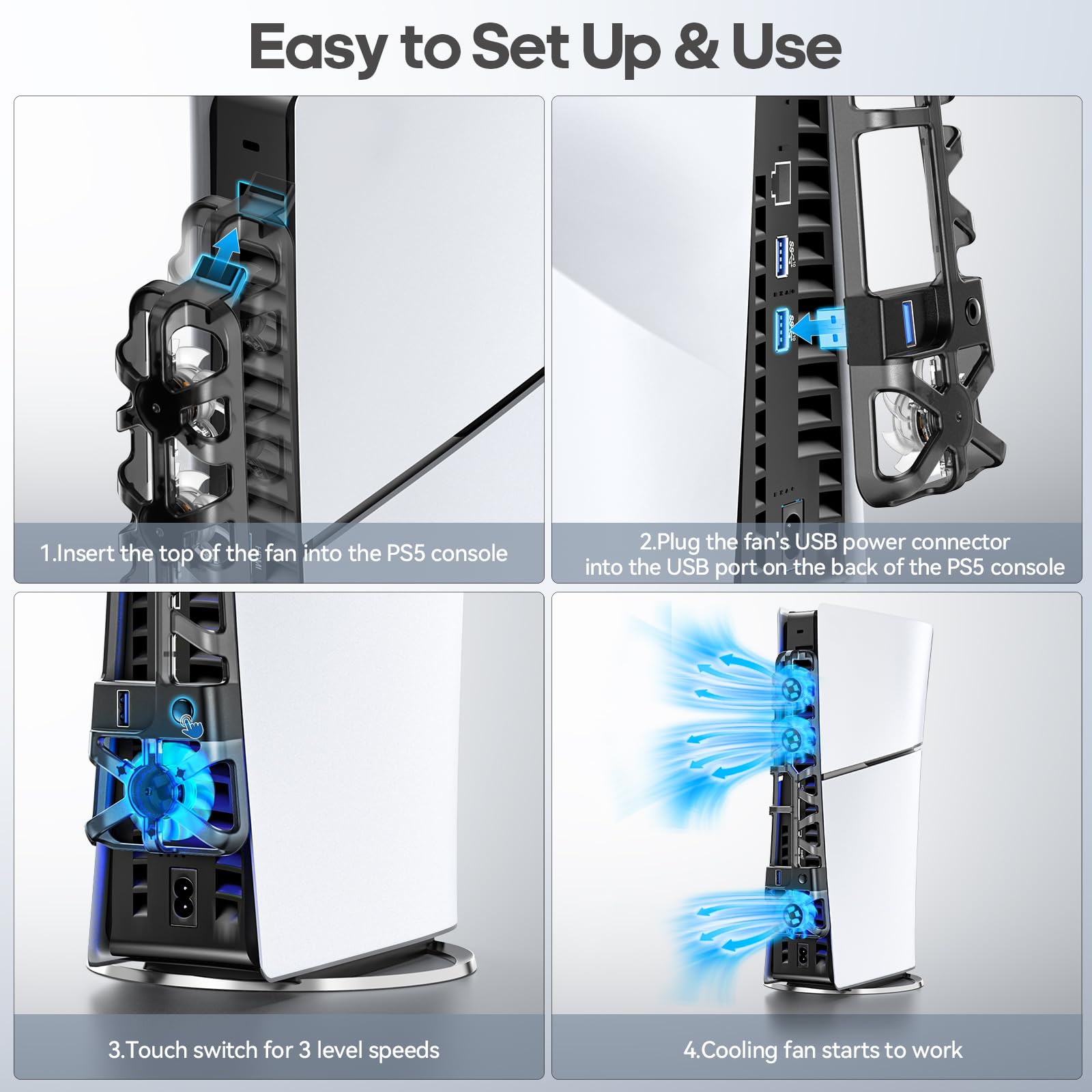 Tokluck PS5 Cooling Fan for PS5 Slim Disc & Digital Edition - 3-Speed Memory Cooling System with USB 3.0 Hub & Blue LED Lights - Perfect for Gaming Sessions and Console Protection
