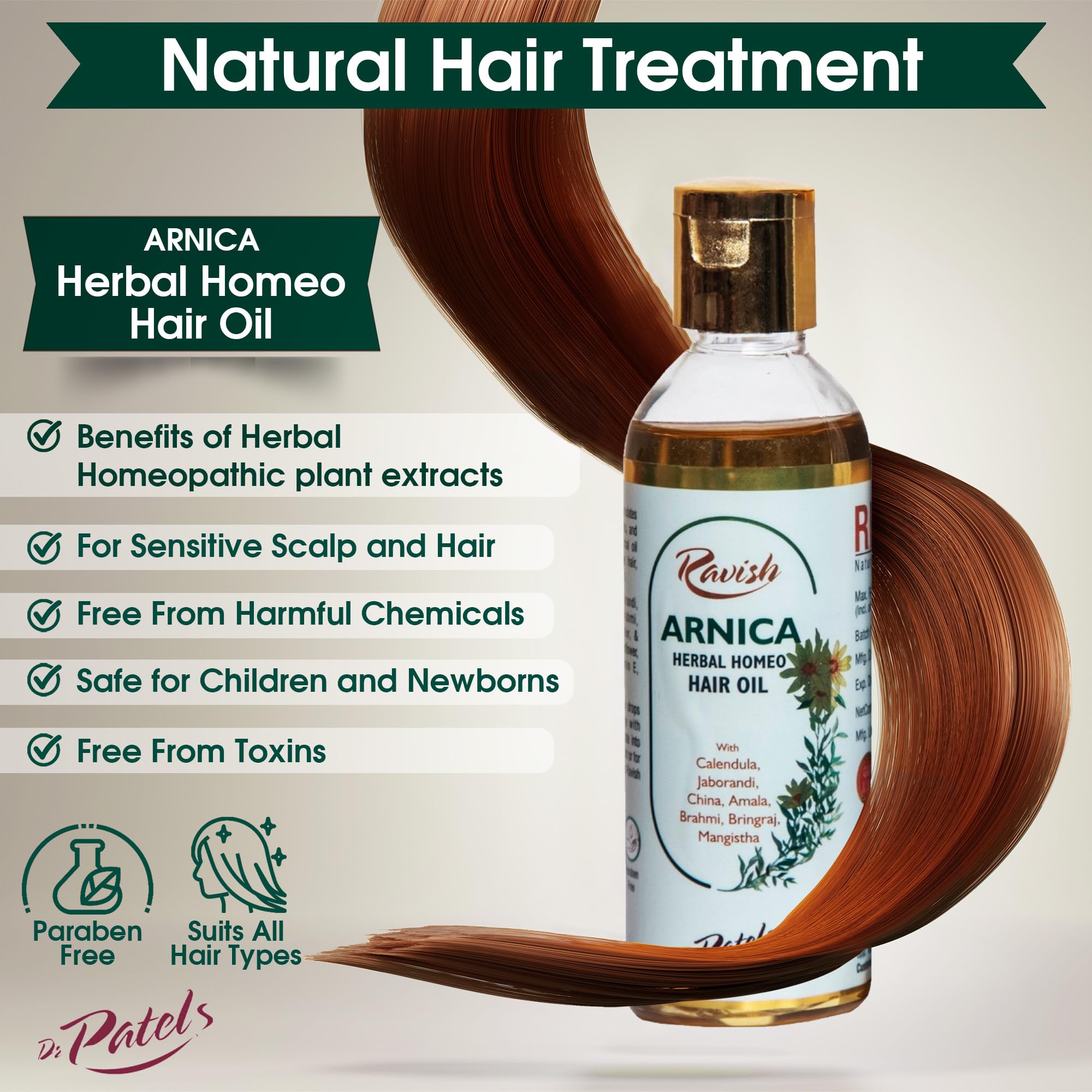 Dr. Patel's Ravish 200ml Herbal Homeopathic Hair Oil - Natural Remedy for Hair Growth & Hair Loss Prevention | Chemical-Free Treatment for All Hair Types | Men & Women | Daily Scalp Care & Styling Solution (Pack of 1)