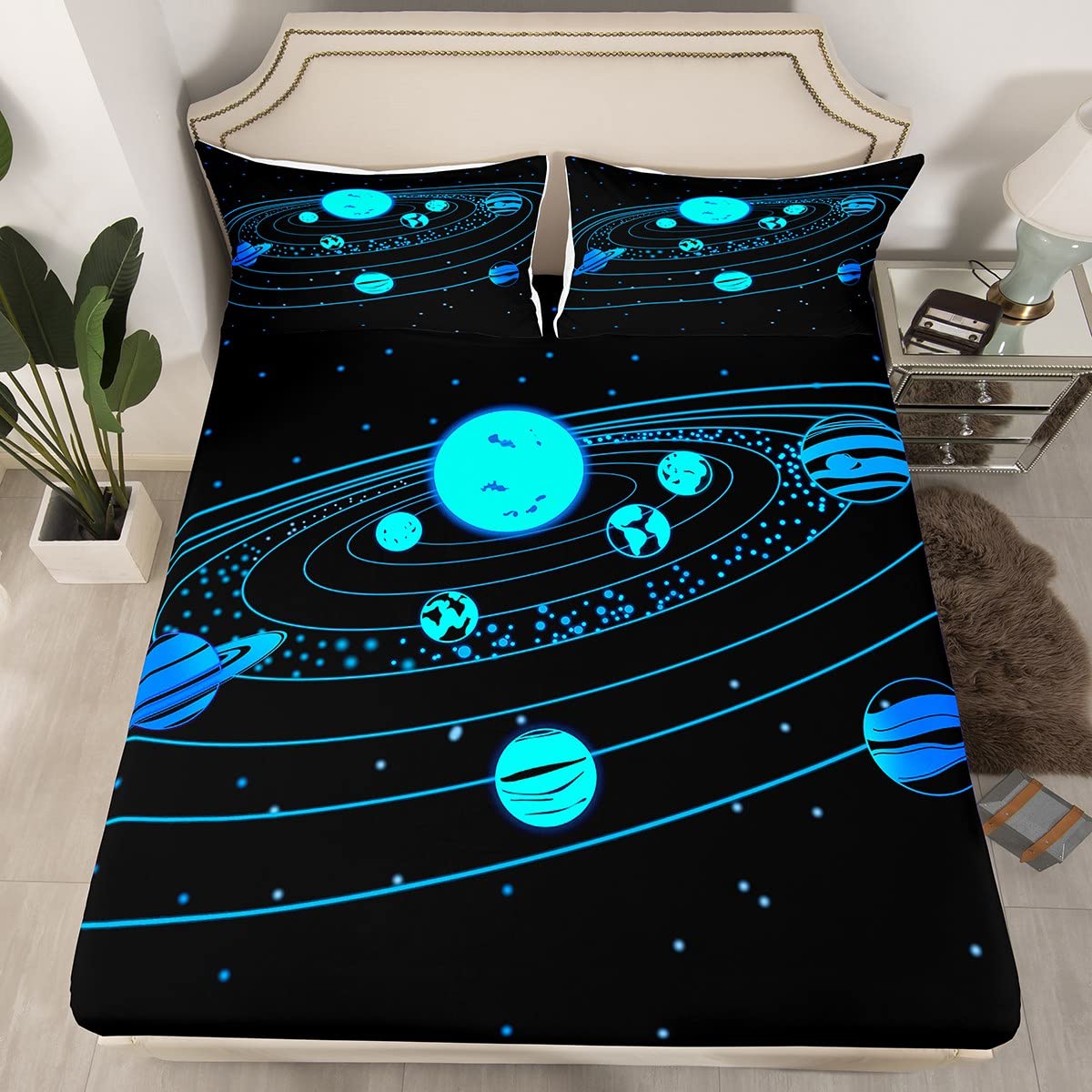 Galaxy Bed Sheet Set - 3D Printed Outer Space Blue Bedding for Kids, Boys, Girls & Teens - Full Size Fitted Sheet with Universe, Cloud & Sky Design - Perfect for Themed Bedroom Decor & Space Enthusiasts