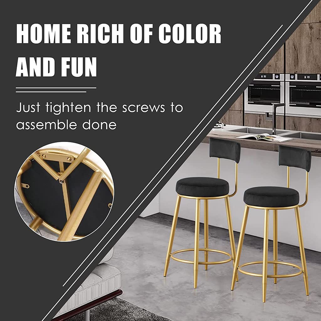 Velvet Upholstered Modern Bar Stools with Golden Metal Legs & Footrest - Counter Height Kitchen Island Stools for Breakfast Nook, Home Bar, Pub & Restaurant Dining