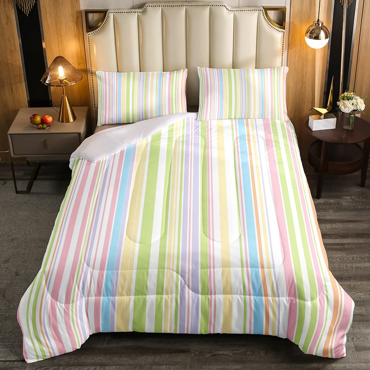 Rainbow Striped Cotton Duvet Insert Queen Size - Soft Geometric Comforter Set for Kids, Teens & Adults - 3-Piece Colorful Bedding with Quilted Design - Perfect for Girls' Rooms, Dorm Decor & Modern Bedroom Styling