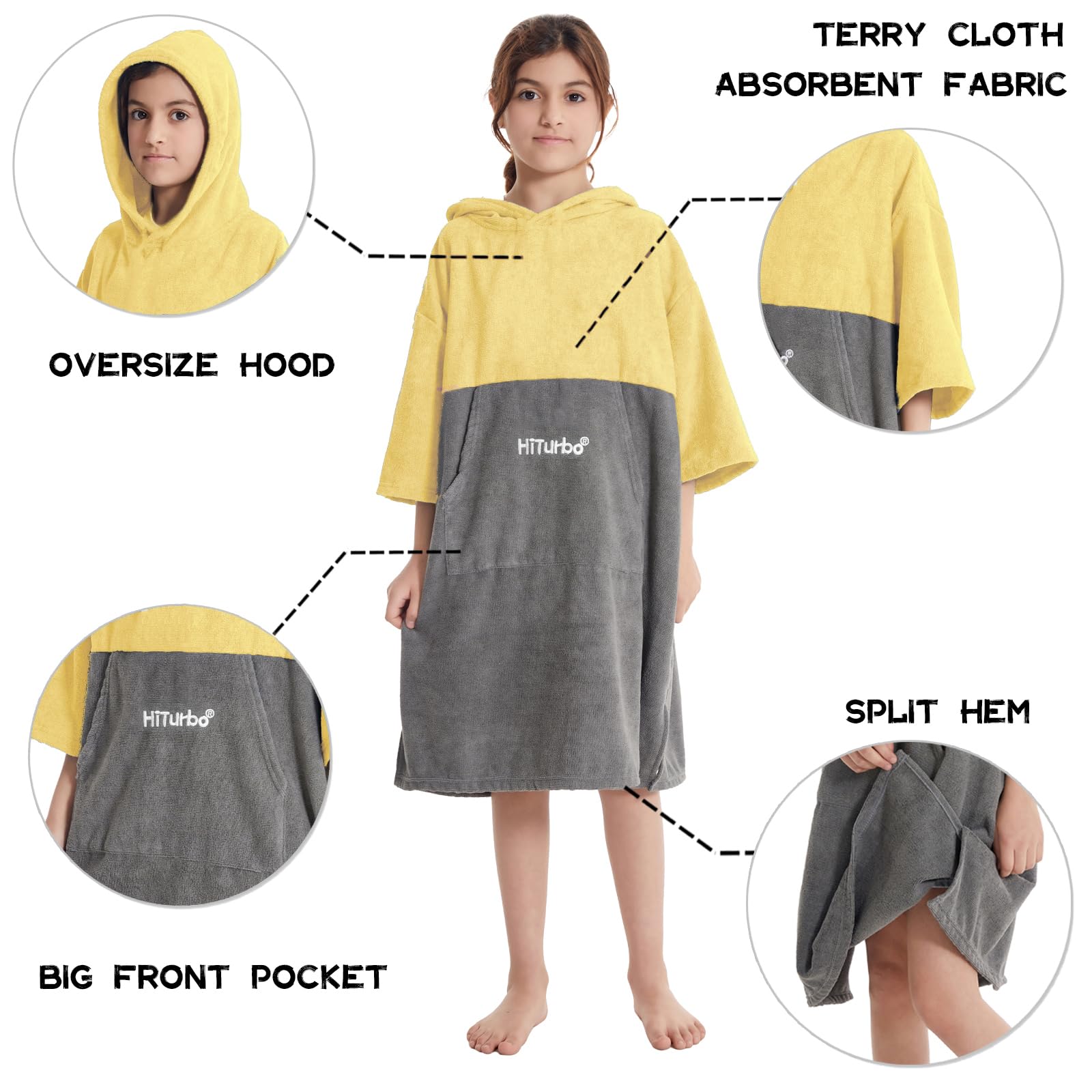 Hiturbo Kids Changing Towel Robe - Super Absorbent Quick Dry Surf Poncho with 3/4 Sleeves, Soft Microfiber Bath Towel for Beach, Pool & Swimming - Perfect for Boys & Girls (Yellow/Gray)