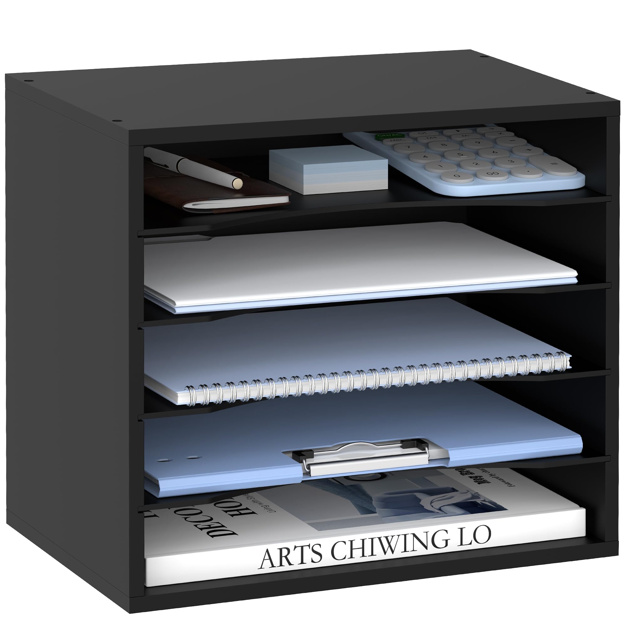 SUPEASY 5-Tier Wooden Desk Organizer - Black Paper File & Mail Sorter for Office, School & Home - Desktop Letter & Literature Organizer for Workspace Organization & Productivity