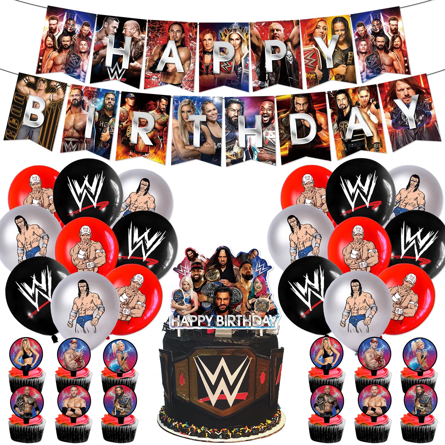 46Pcs Birthday Party Decorations Set - Themed Banners, Balloons & Cupcake Toppers for Friends, Family Celebrations - Perfect for Birthday Parties, Baby Showers, Graduations
