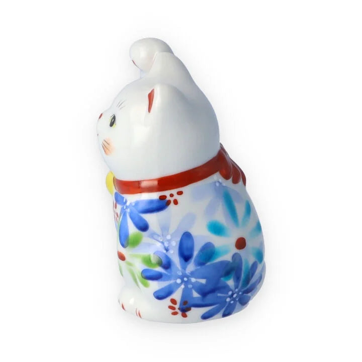 Authentic Kutani Yaki Japanese Maneki Neko Lucky Cat Figurine - Blue Floral Design | Handcrafted Ceramic Beckoning Cat for Home Decor, Office Feng Shui & Japanese Culture Enthusiasts