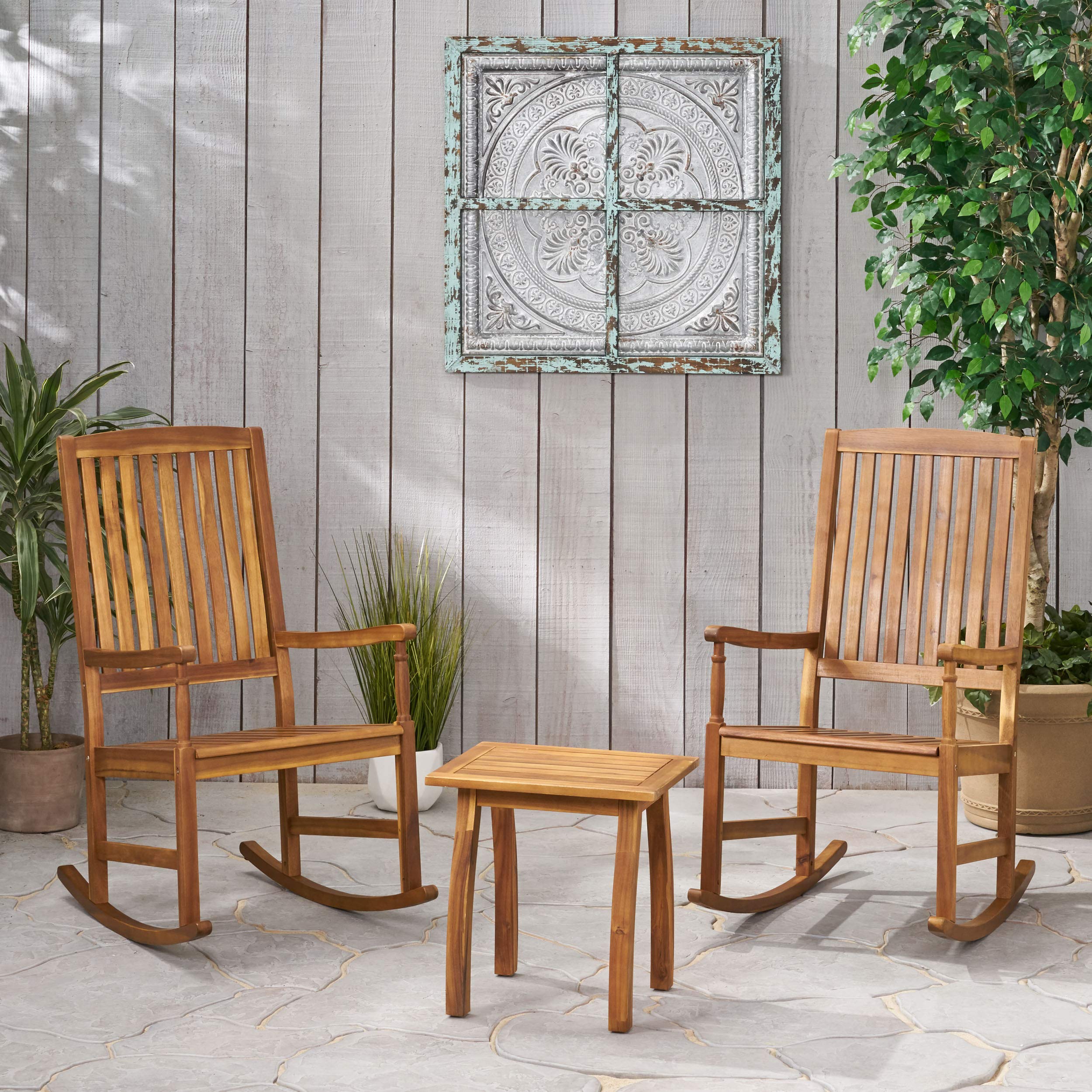 Premium Acacia Wood Outdoor Rocking Chair Set with Side Table - 2-Seater Patio Furniture for Garden, Porch & Backyard Relaxation | Durable Teak Finish & Weather-Resistant Design