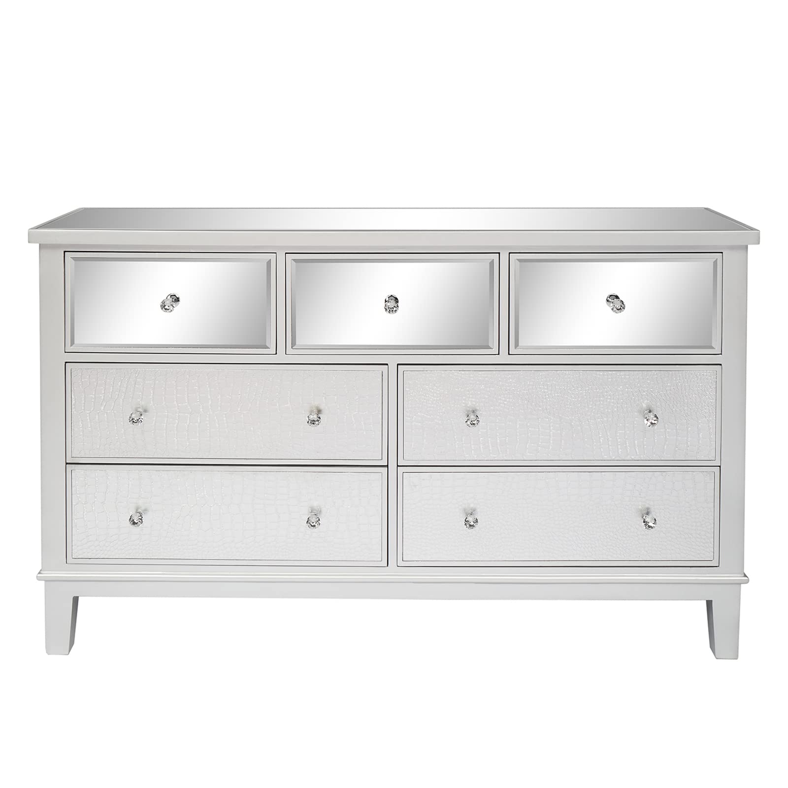 MengK FCH 7-Drawer Mirrored Glass TV Stand in Silver - Modern Entertainment Center for Living Room & Bedroom