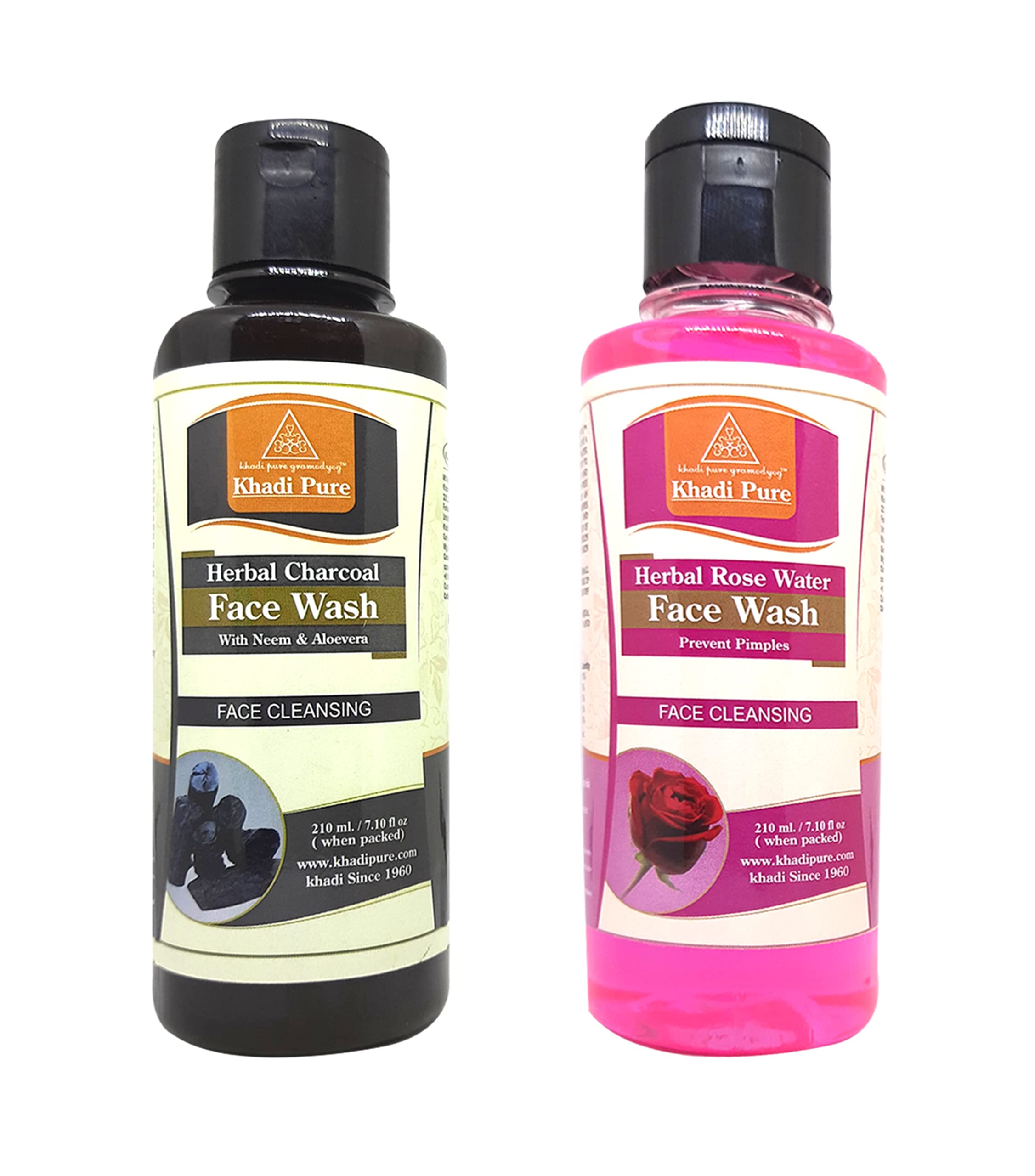 Khadi Pure Charcoal & Rose Face Wash for Acne & Glowing Skin - 210ml (2 Pack) | Deep Cleansing, Oil Control & Pore Minimizing | Perfect for Daily Skincare Routine & Travel