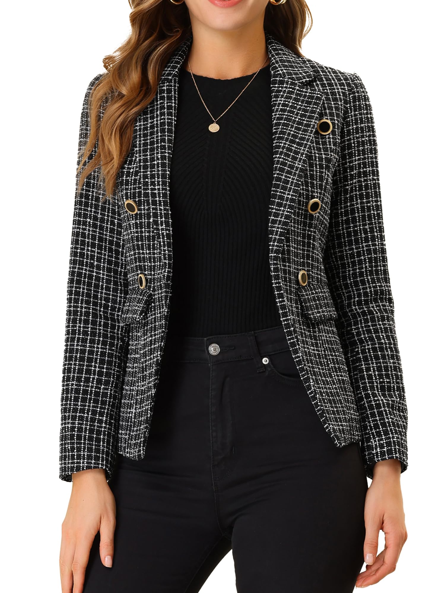 Allegra K Women's Tweed Jacket - Plaid Blazer with Long Sleeves, Elegant Open Front Work Jacket for Office, Business Meetings & Professional Outfits