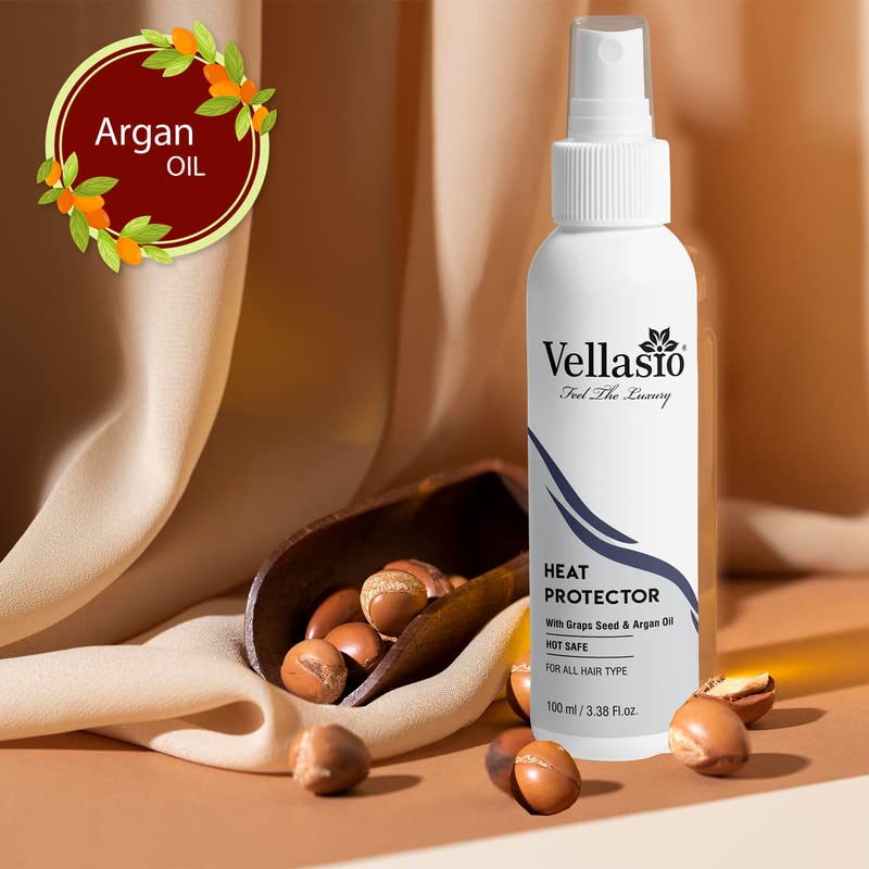 VELLASIO Classic Heat Protection Hair Spray with Argan Oil & Grapes Seed - Thermal Shield for Straighteners & Styling Tools - White Bottle (Pack of 1) - Perfect for Daily Heat Styling & Frizz Control