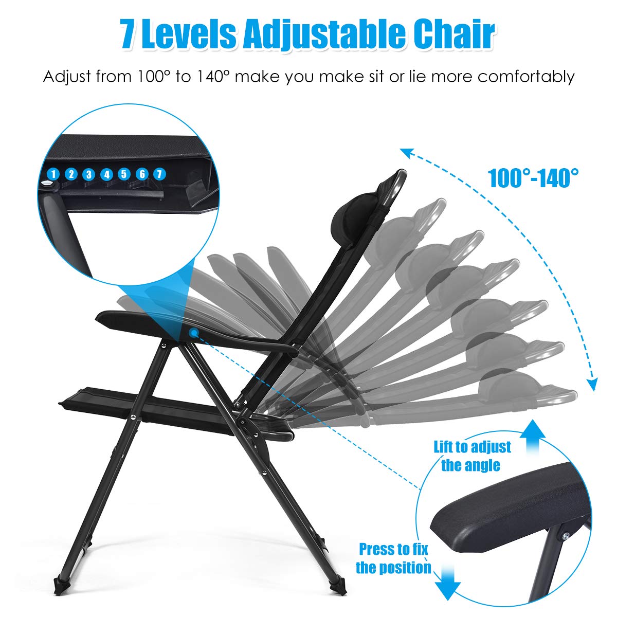 Giantex Set of 4 Folding Patio Dining Chairs - 7-Level Adjustable Backrest, 300 lbs Weight Capacity, Durable Metal Frame for Outdoor, Garden, Poolside & Camping Use
