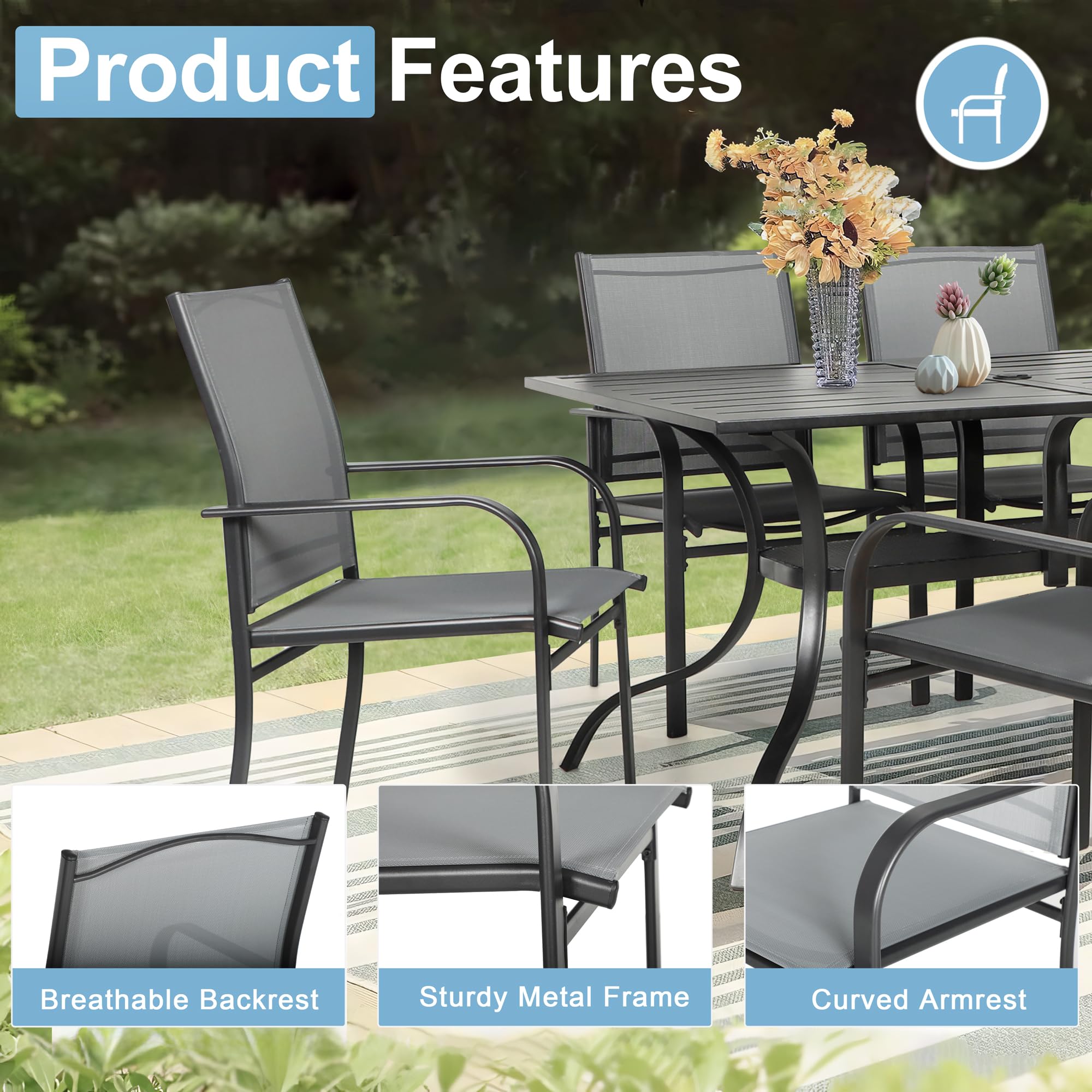 **Crownland 7-Piece Outdoor Patio Dining Set with Textilene Chairs & Rectangular Table - Light Grey - Perfect for Backyard, Garden, and Poolside Dining**