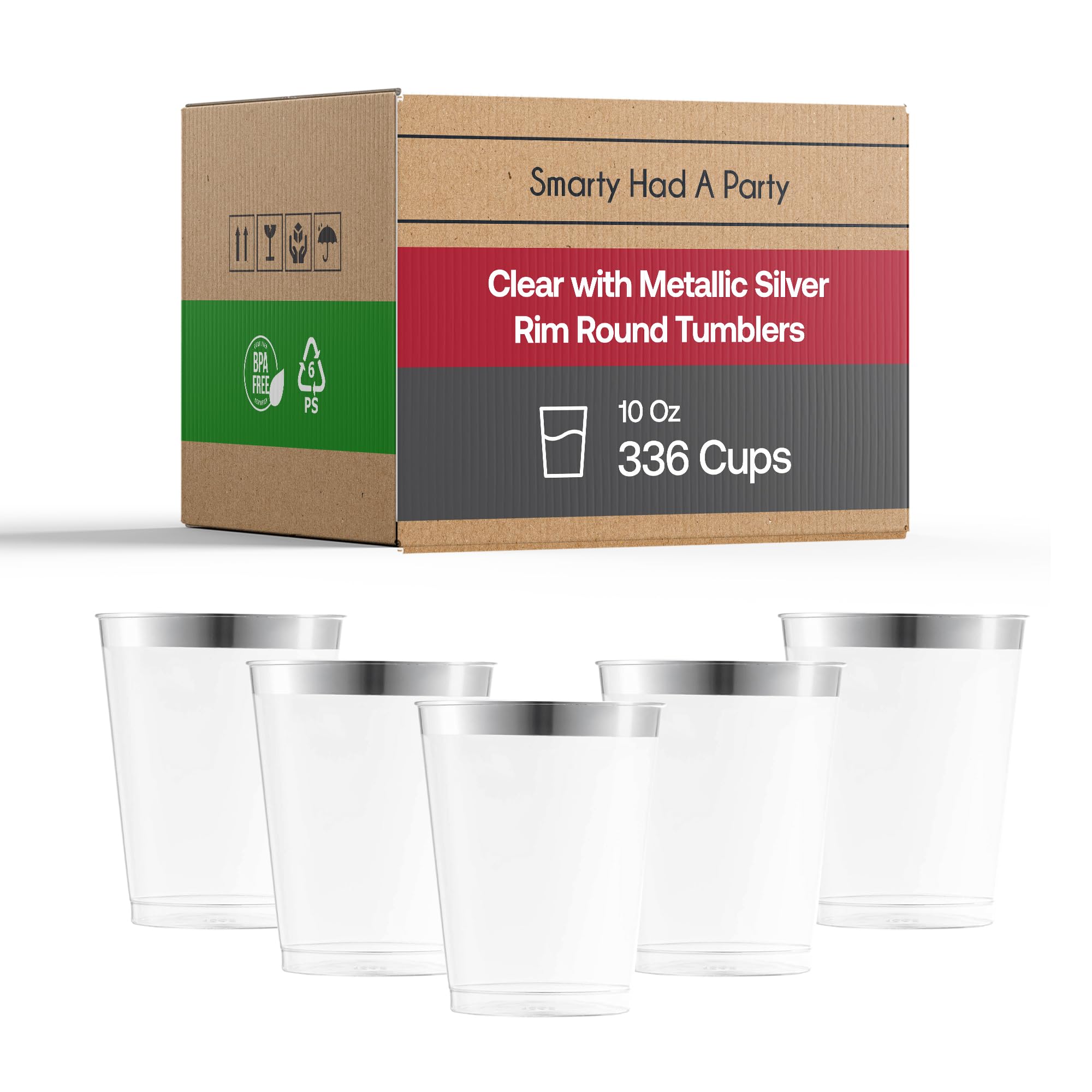 Smarty Had A Party 10 oz Clear Disposable Plastic Tumblers with Silver Trim - Pack of 336 Elegant Cocktail Cups for Iced Coffee, Smoothies, Parties & Events - Perfect for Weddings, Baby Showers & Office Gatherings