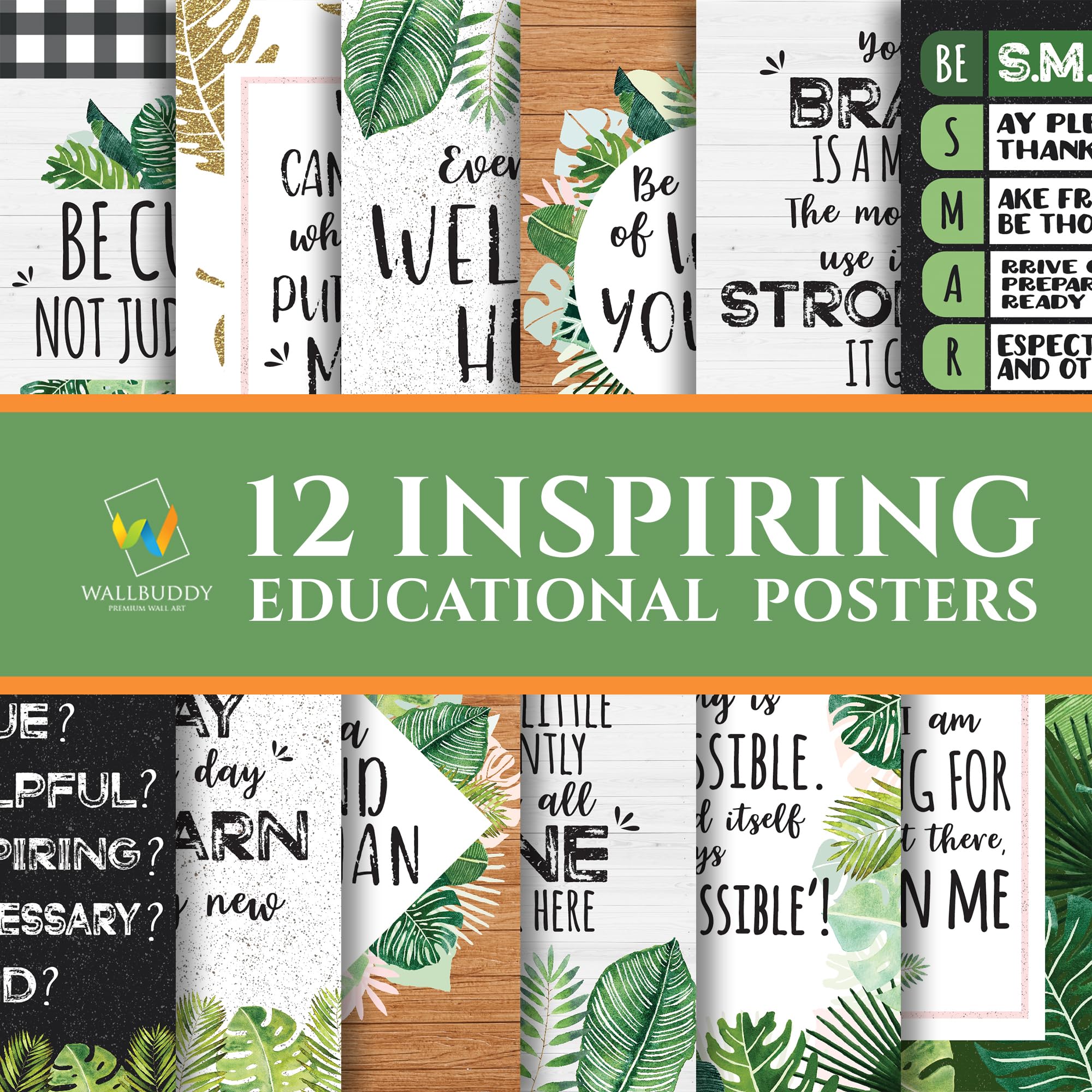 Wallbuddy Set of 12 Motivational Quotes Wall Art - Farmhouse Style Inspirational Home Decor for Women | Unframed Positive Affirmation Botanical Prints with Green Leaf Design | Perfect for Bathroom, Bedroom & Office Wall Decor (12X16 Inches)