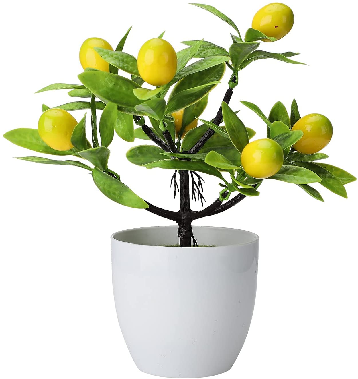 Artificial Mini Potted Plants - 9x7.78 Inch Fake Lemon Tree Bonsai with White Plastic Pot, Realistic Faux Greenery for Home, Office, Desk, Bathroom Decor - Perfect for Table Centerpieces, Shelf Displays & Gift Giving (1 Piece)