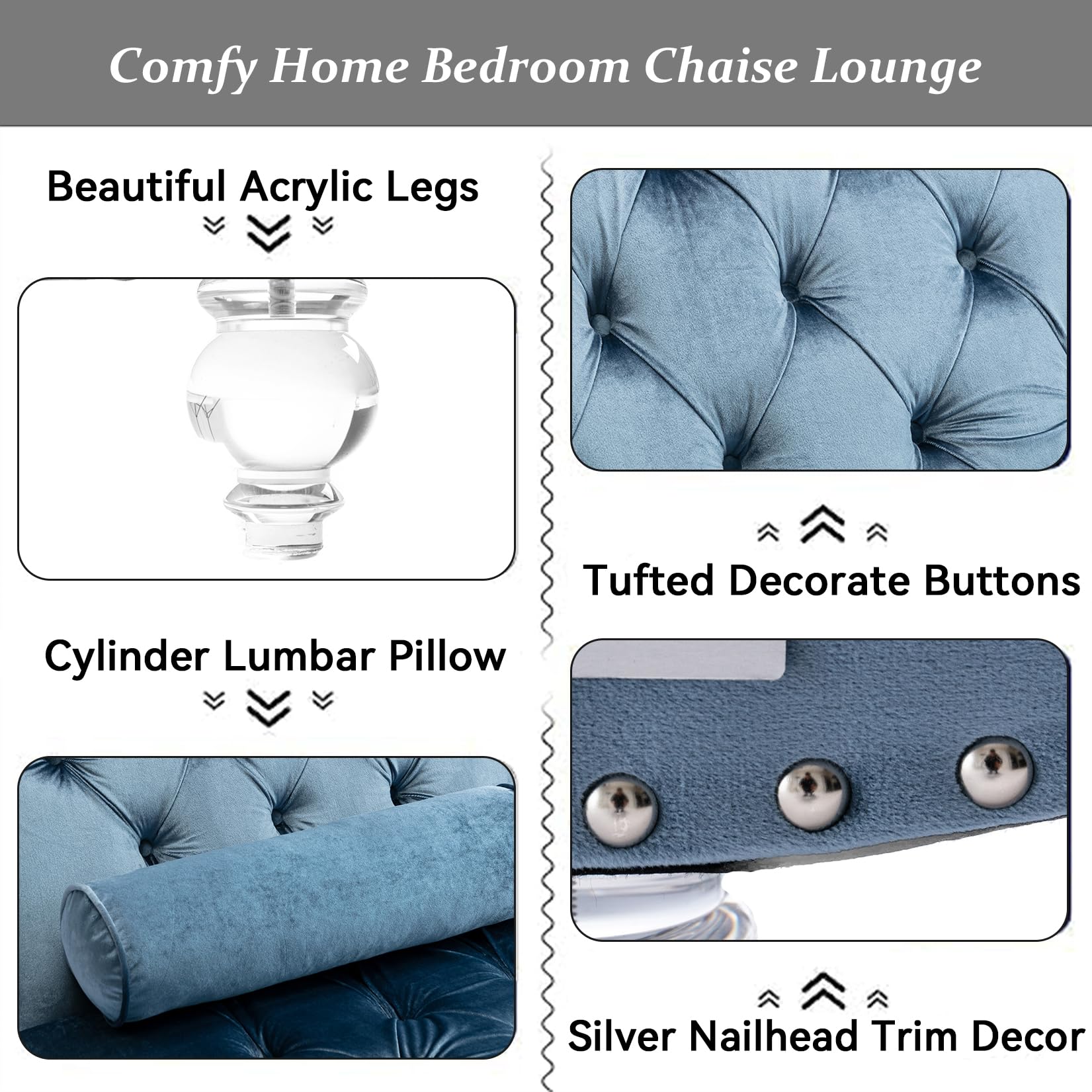 Tufted Velvet Chaise Lounge Chair for Living Room & Bedroom - Upholstered Sofa with Waist Pillow & Acrylic Feet - Curved Cushion Fabric Sleeper Chair (Light Blue) - Perfect for Relaxing, Reading & Small Space Decor
