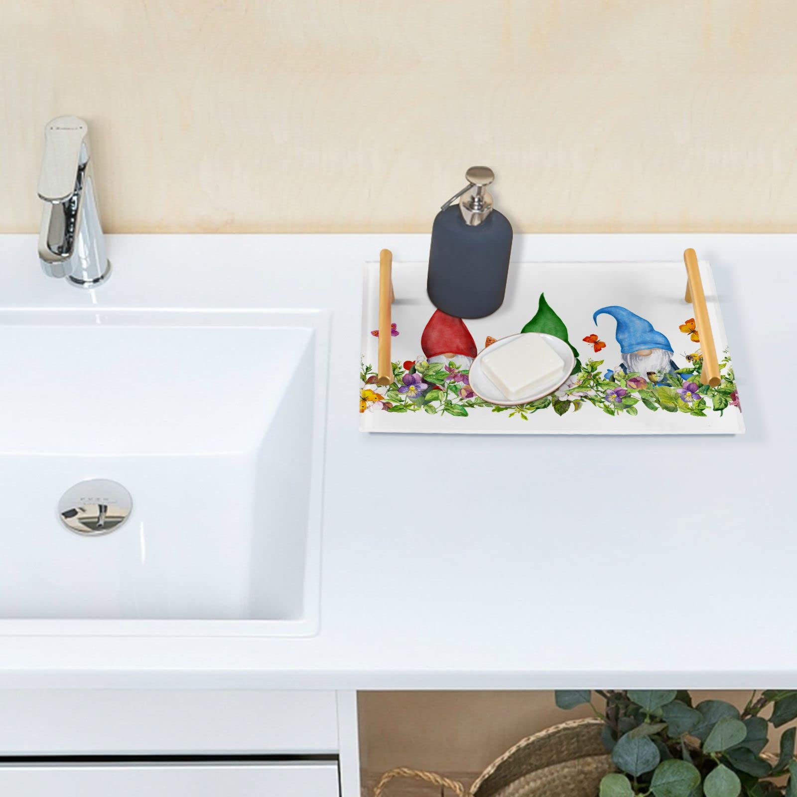 Gnomes in Flowers Decorative Vanity Tray with Handles - Bathroom Counter Organizer for Makeup, Jewelry & Essentials - Perfect for Farmhouse, Bedroom & Kitchen Storage