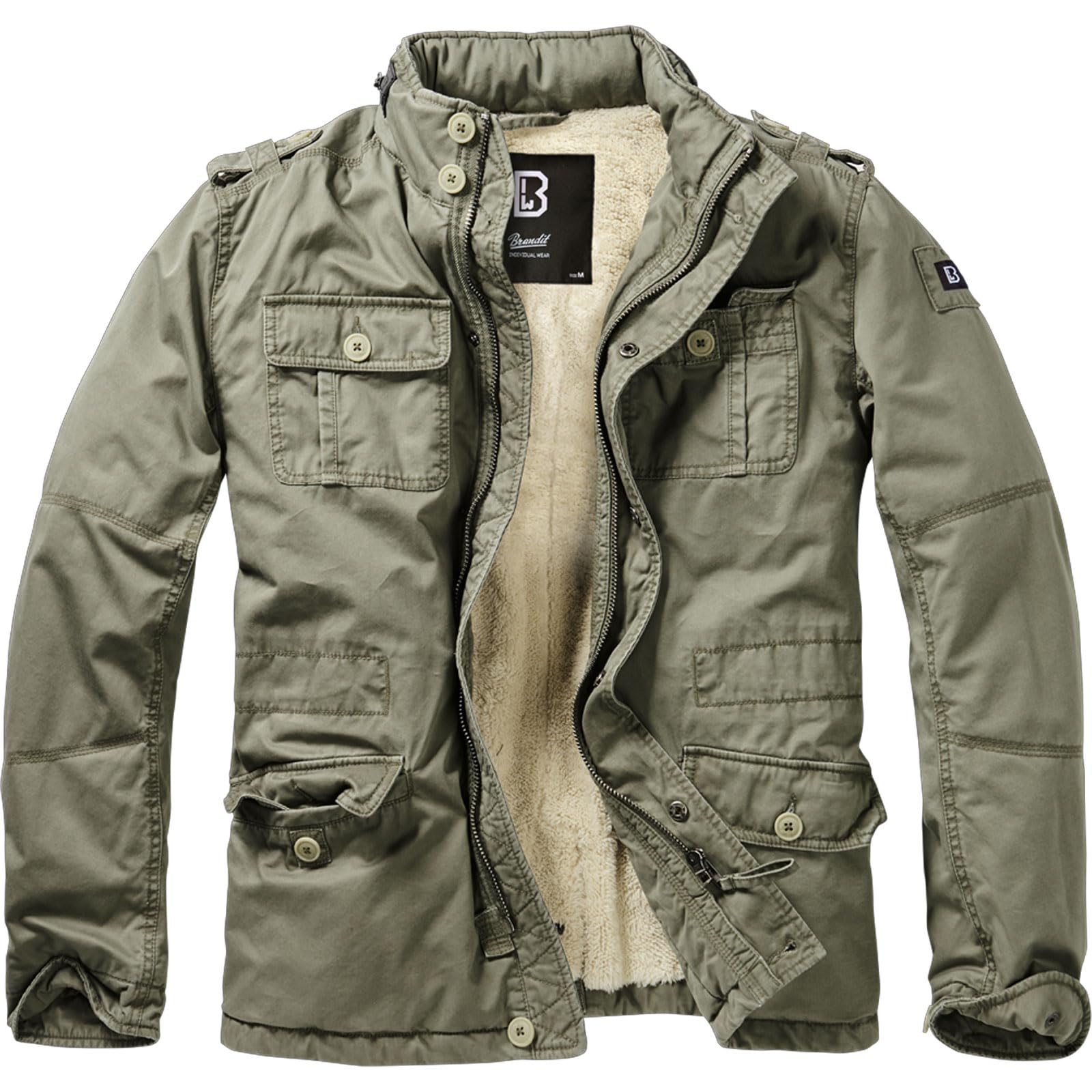 Britannia Men's Winter Jacket - Heavyweight Cotton Coat with Teddy Lining, Stand Collar & Hidden Hood | Olive Green 5XL | Cold Weather Outerwear for Work & Outdoor Activities