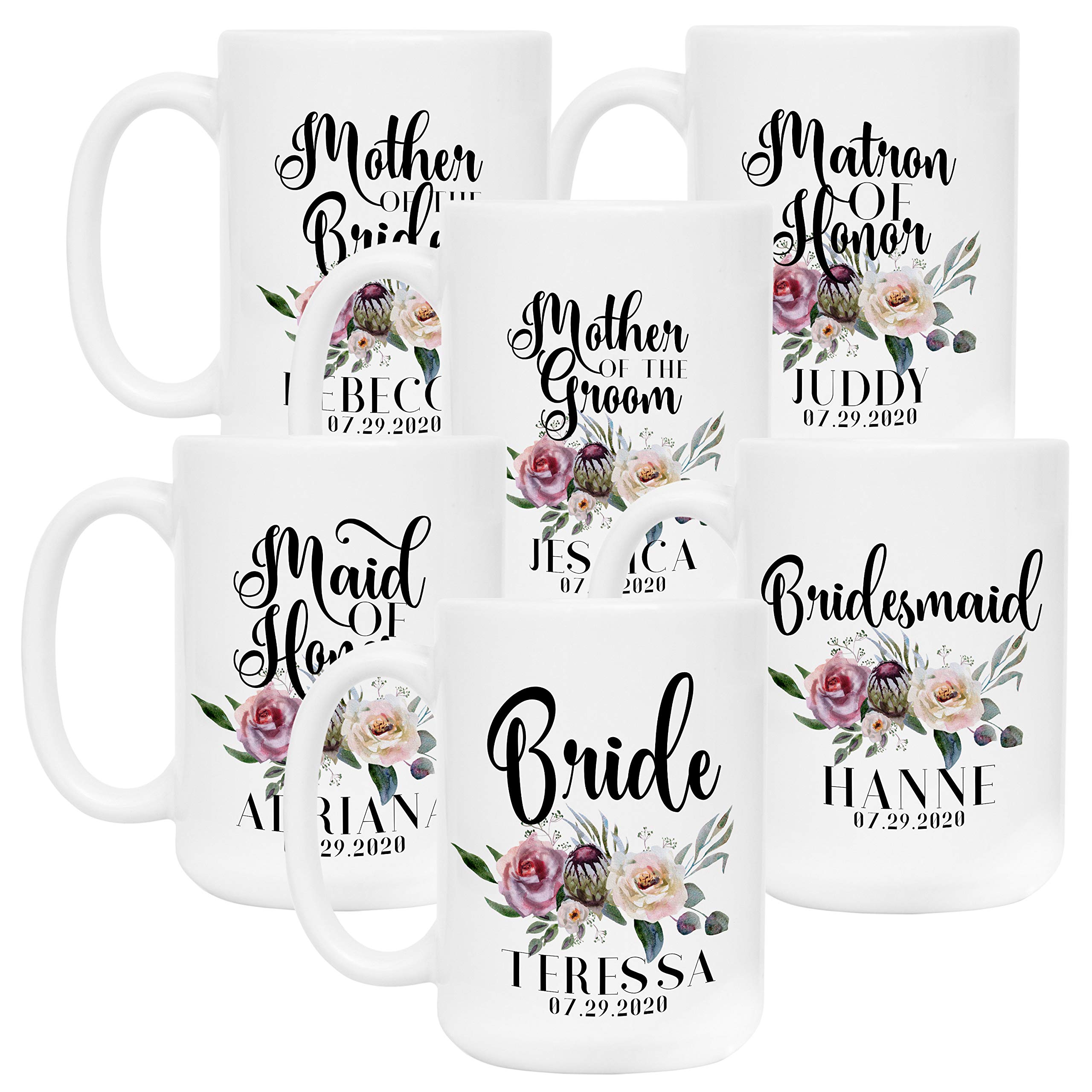 Personalized Bridesmaid Coffee Mug Set of 6 - 15oz Ceramic Mugs with Free Customization - Perfect for Matron of Honor, Mother of the Bride & Bridesmaid Gifts - Floral Design - Ideal for Bachelorette Parties, Wedding Showers & Thank You Gifts