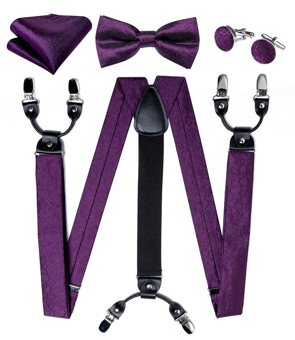 Premium Purple Silk Men's Suspenders with Leather & Metal Clips - Adjustable Braces Set with Pre-Tied Bow Tie & Pocket Square - Formal Wedding, Prom & Business Attire Accessories (Color: Purple, Size: Adjustable)