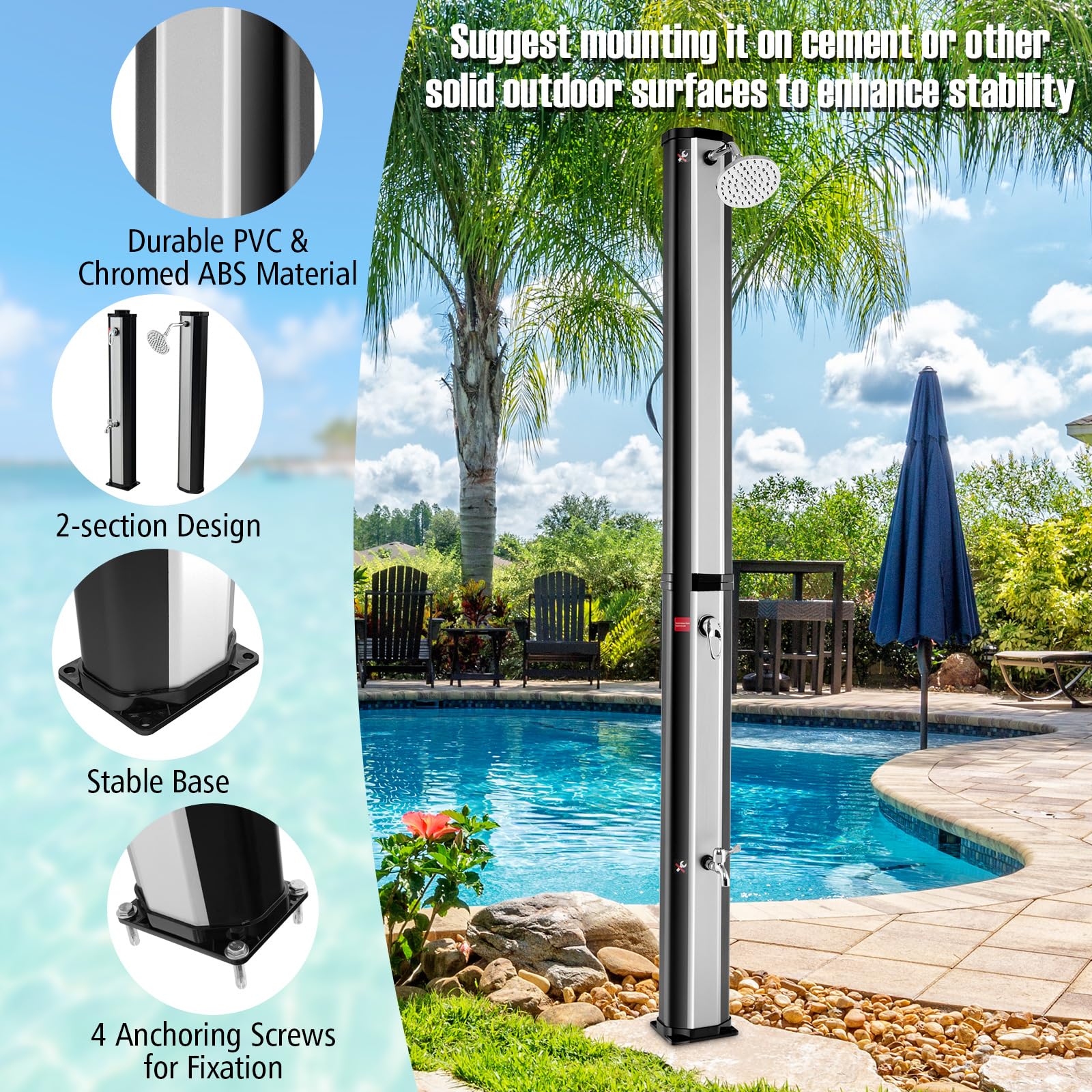 Goplus 9.3 Gallon Solar Heated Outdoor Shower - 7.2 FT Freestanding Garden Shower with 360° Swivel Shower Head, Foot Wash & Temperature Control - Perfect for Poolside, Backyard, Beach & Camping (Silver)