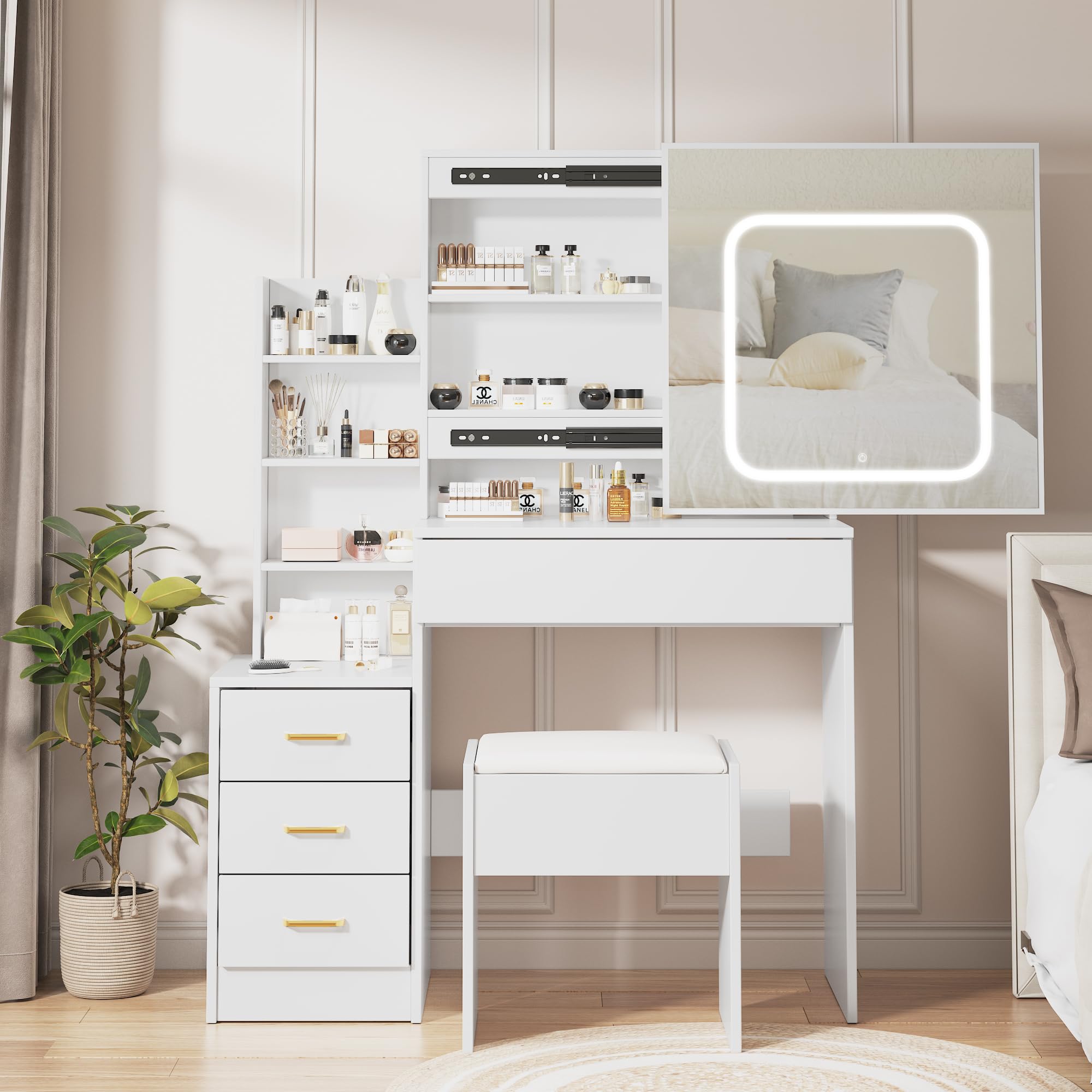 Vanity Desk with LED Lights & Mirror, Makeup Dressing Table with Sliding Lighted Mirror, Power Outlet, 4 Drawers & Storage Shelves, Includes Cushioned Stool - Perfect for Bedroom, Home Salon & Beauty Room (White)