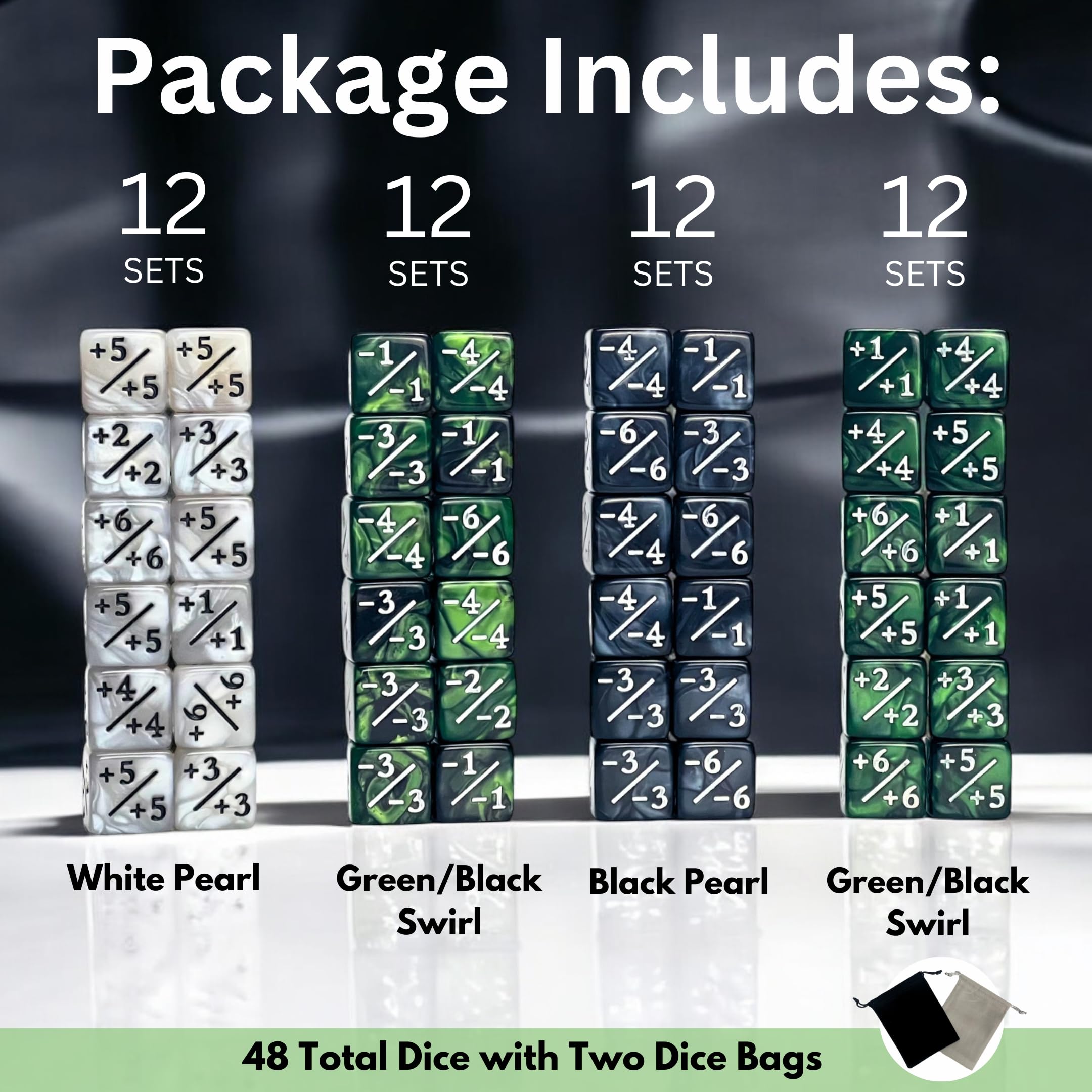 Luck Lab MTG Magic Life Counter Dice - 48 PCS for Magic The Gathering Card Game Accessories, CCG Creature Stats Tracker with 2 Dice Bags (Green Swirl, White Pearl, Black Pearl) - Perfect for MTG Tournaments, Commander Games & Tabletop RPGs