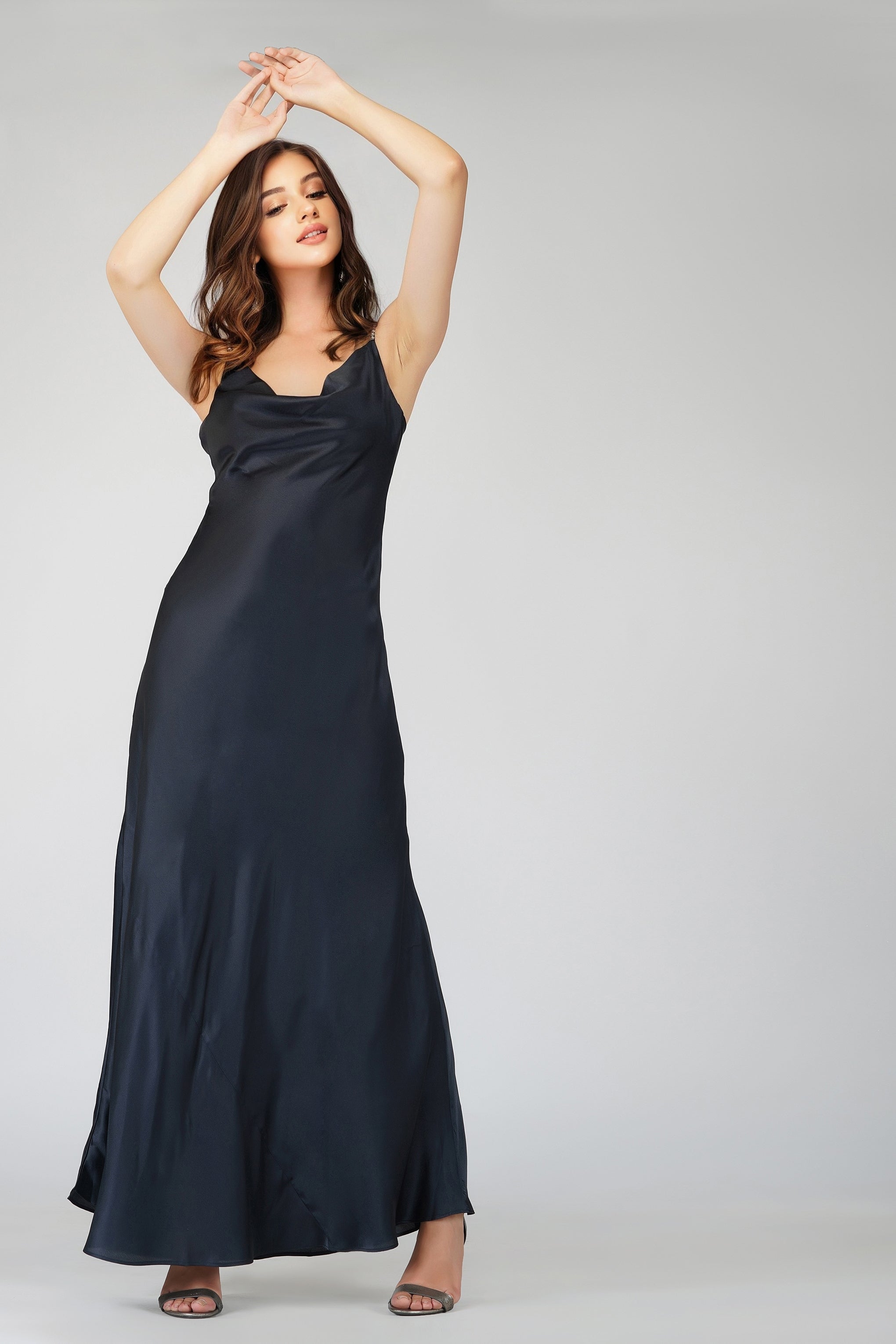 Elegant Sienna Navy Blue Satin Maxi Dress for Women - Formal Evening Gown, Wedding Guest Dress, Prom & Party Wear