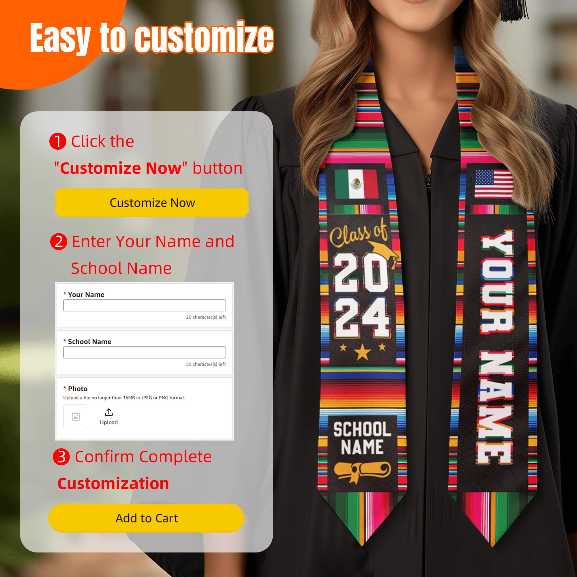 Custom Graduation Stole - Personalized Mexican American Flag Sash for Graduation Ceremony - Perfect for High School, College & University Graduates
