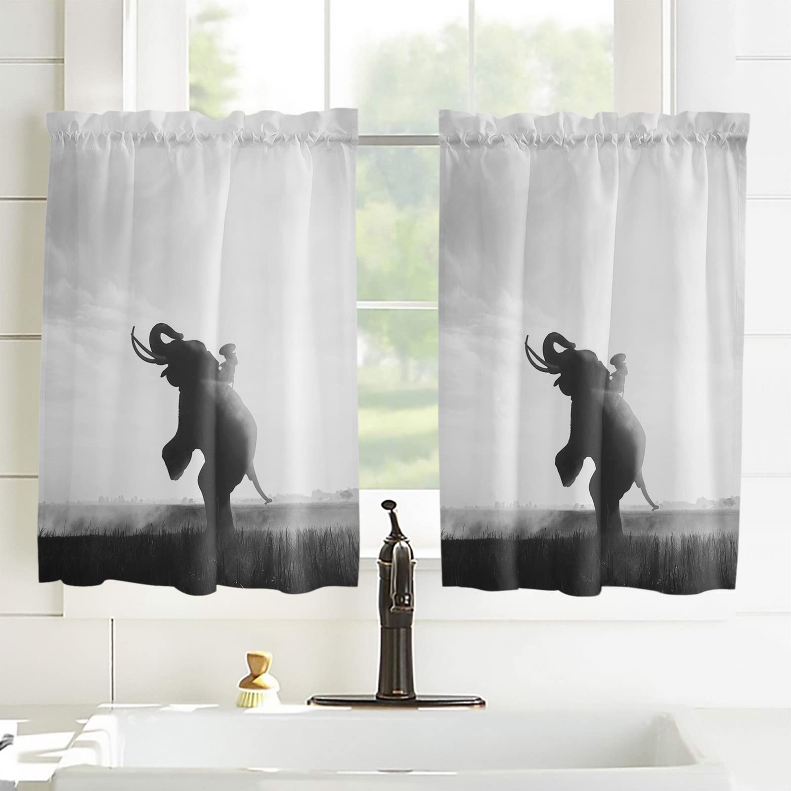 Seven Roses Sunset Elephant Silhouette Blackout Curtains 2 Panels - Grey & Black Farmhouse Style Window Drapes 104x54 inches for Living Room, Bedroom, Bathroom & Kitchen - Perfect for Privacy, Light Control & Home Decor
