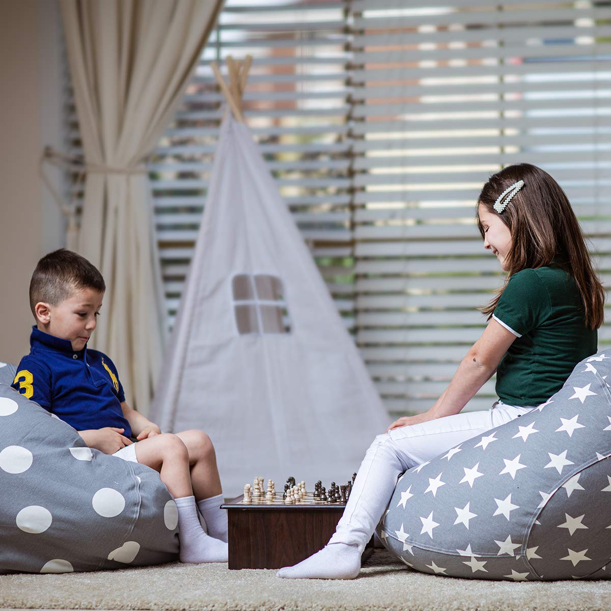 Premium Wekapo Stuffed Animal Storage Bean Bag Chair Cover for Kids – Large Cotton Canvas Organizer with Zipper | Grey Star Design | Perfect for Playrooms, Bedrooms & Toy Organization (X-Large)