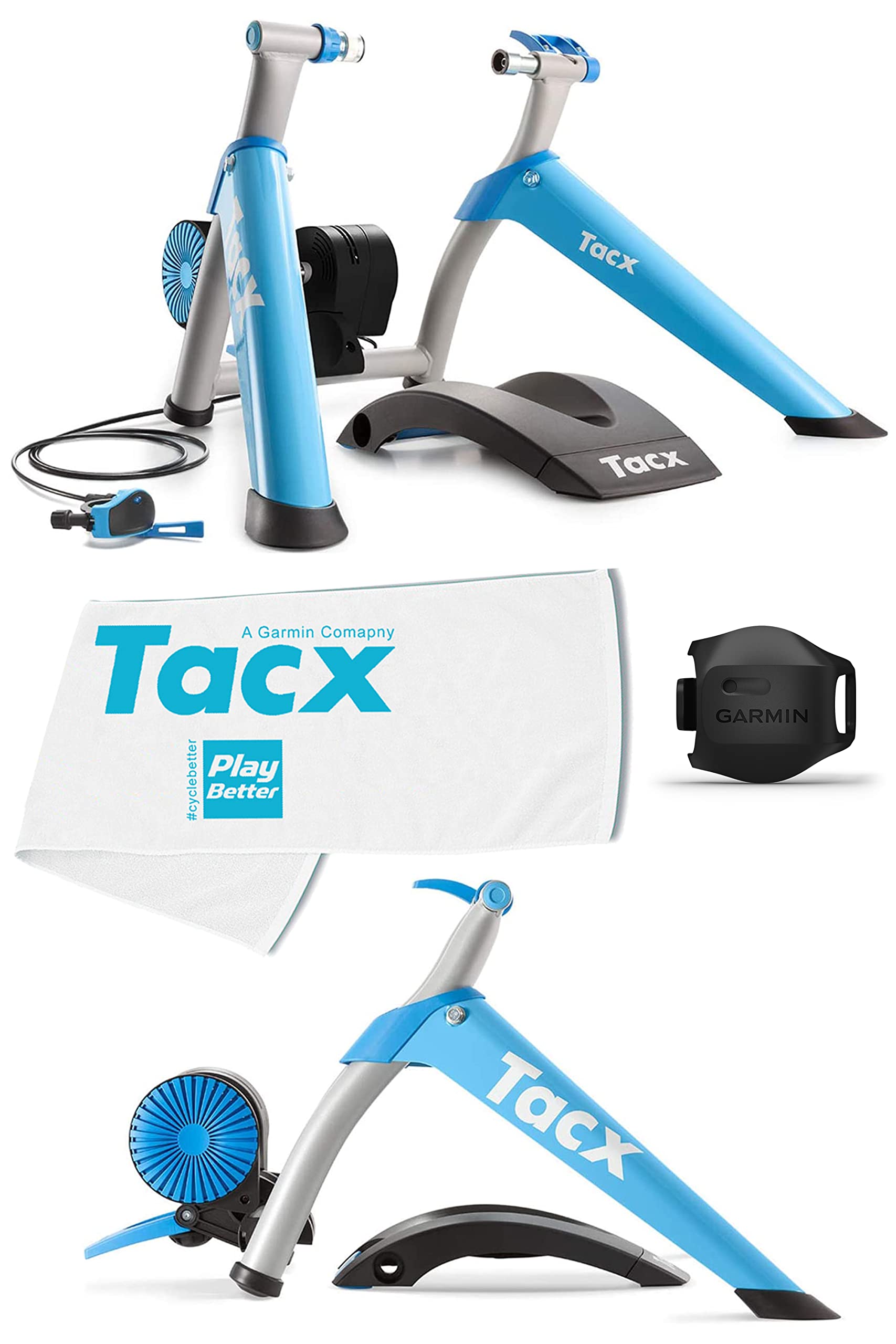 Garmin Tacx Booster Indoor Bike Trainer with Speed Sensor - Manual Resistance Control Folding Exercise Bike | PlayBetter Large Cycling Training Towel Included | Perfect for Home Workouts, Cardio Training & Winter Cycling