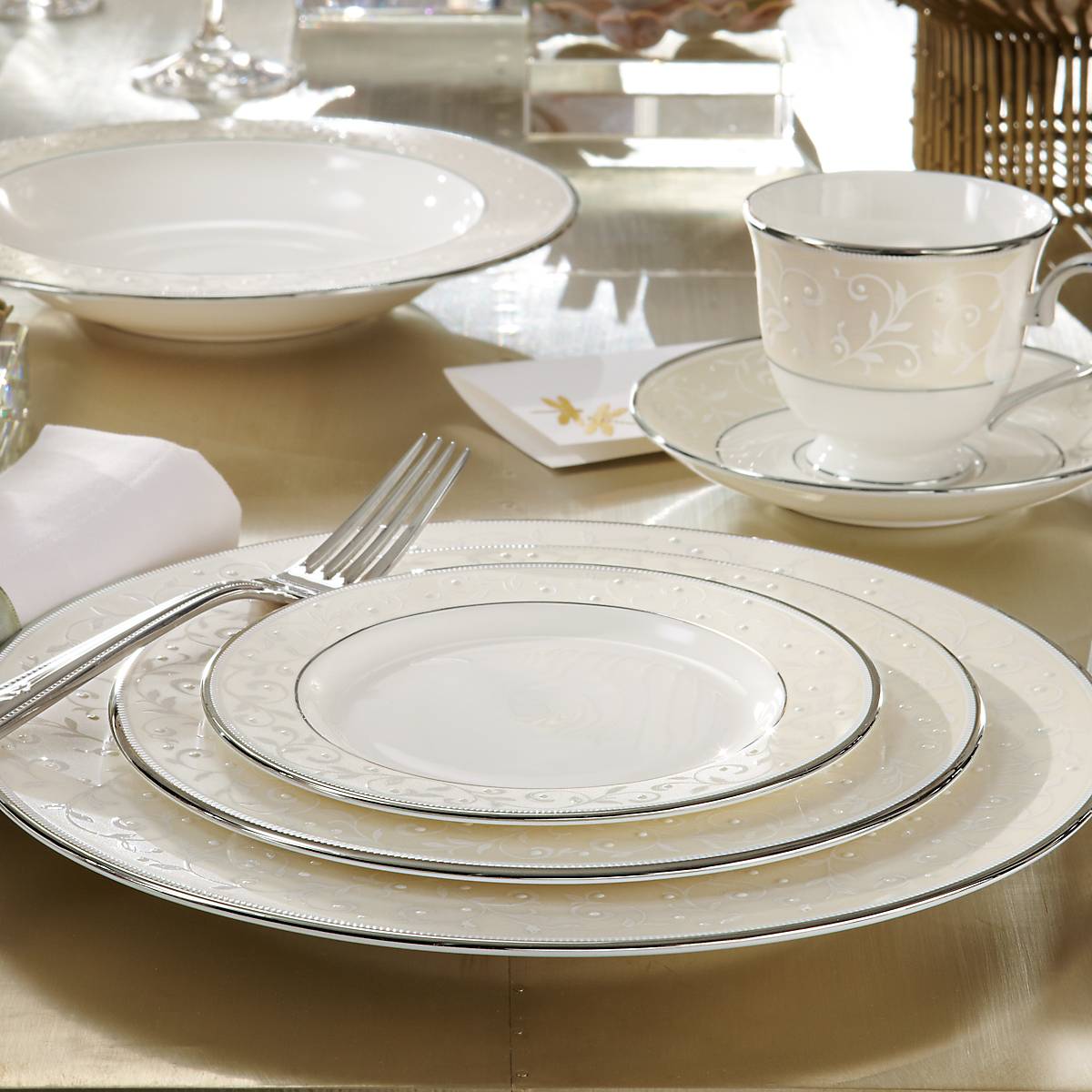 Opal Innocence 5-Piece Dinnerware Set - Elegant Bone China Plates, Bowls & Cups for Formal Dining & Special Occasions