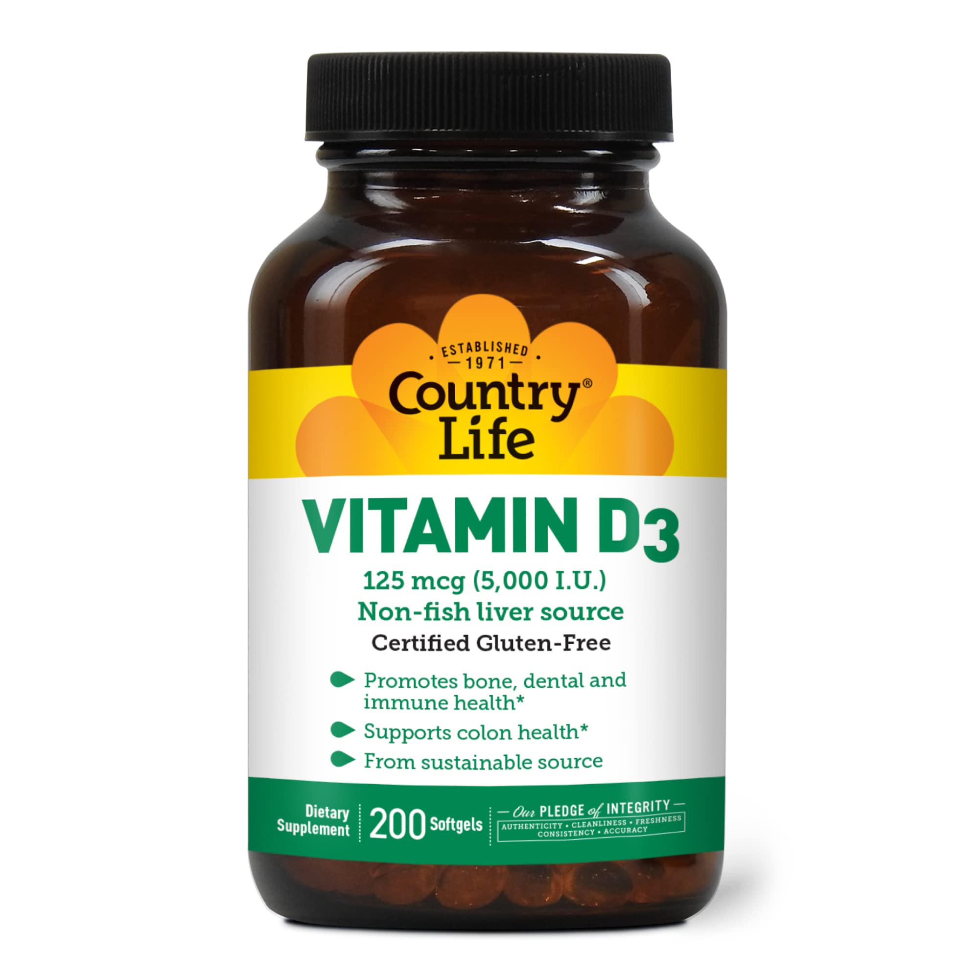 Country Life Vitamin D3 5000 IU Supplement - Supports Bone, Teeth & Immune Health - 200 Softgels - Daily Immune Support & Bone Strength for Adults - Ideal for Home, Office & Travel Use