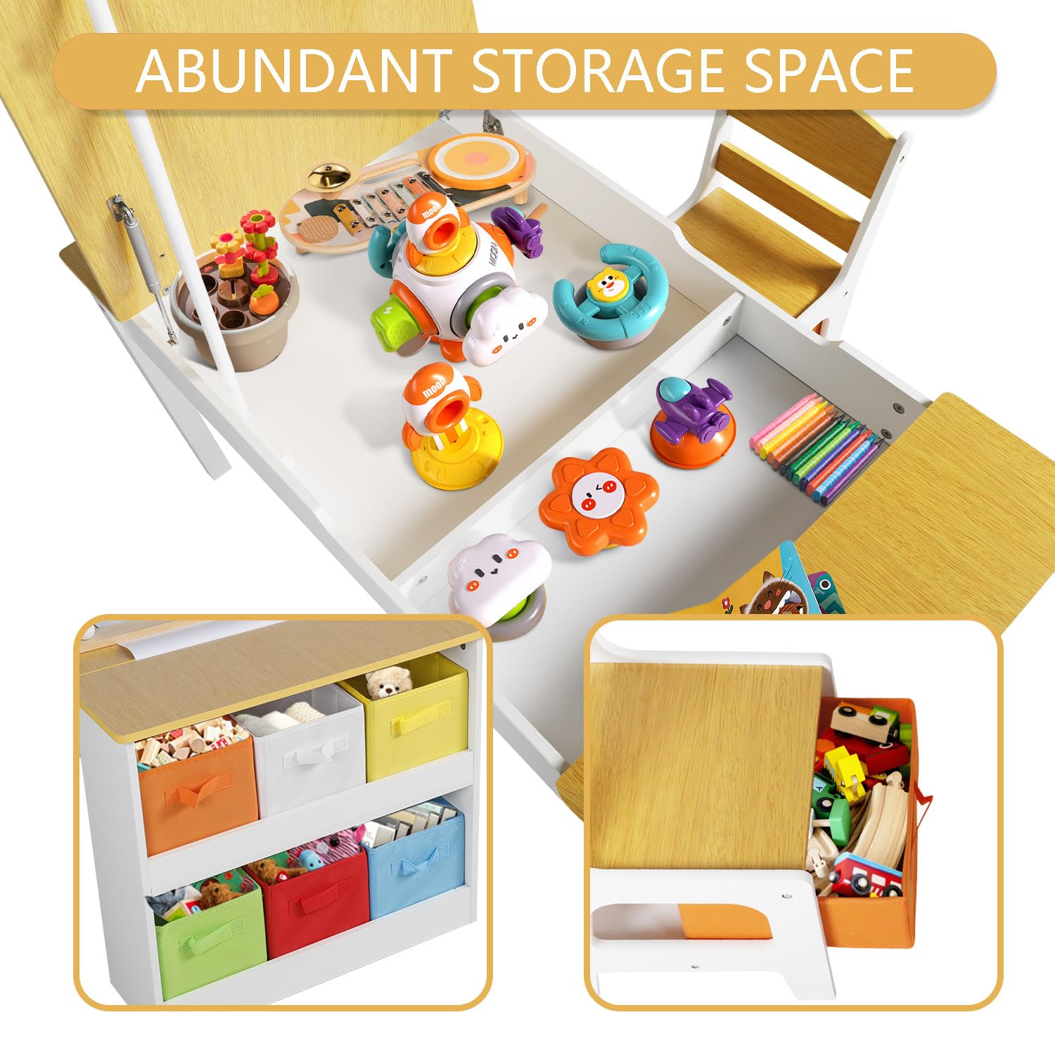 Kinder King 3-in-1 Kids Art Table & Easel Chair Set - Wooden Children's Activity Table with 6 Storage Bins, Paper Roll & Paint Cups - Perfect for Playroom, Homeschooling & Creative Learning (Natural Wood)