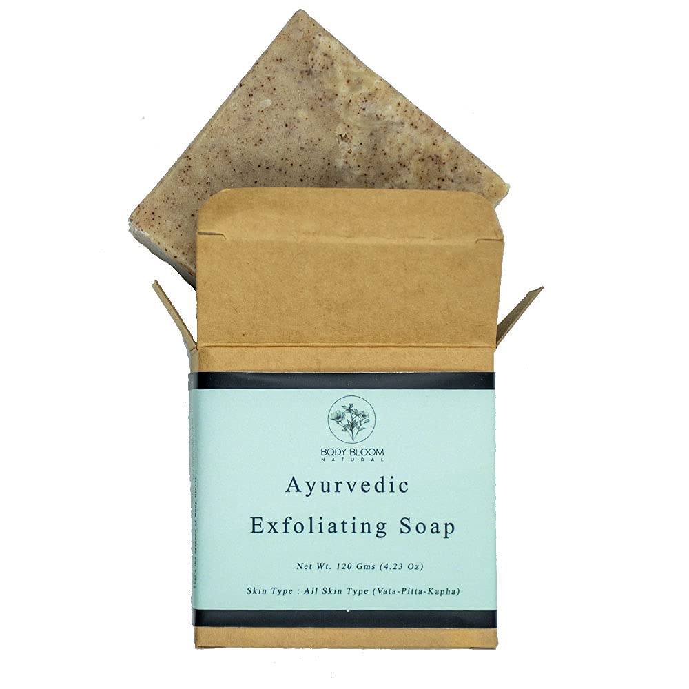 Body Bloom Natural Ayurvedic Exfoliating Soap - 120g | Organic Handmade Exfoliating Bar for Glowing Skin | Cold Process, Biodegradable, All Skin Types | Skin Brightening & Smoothing | Perfect for Daily Cleansing & Spa Treatments