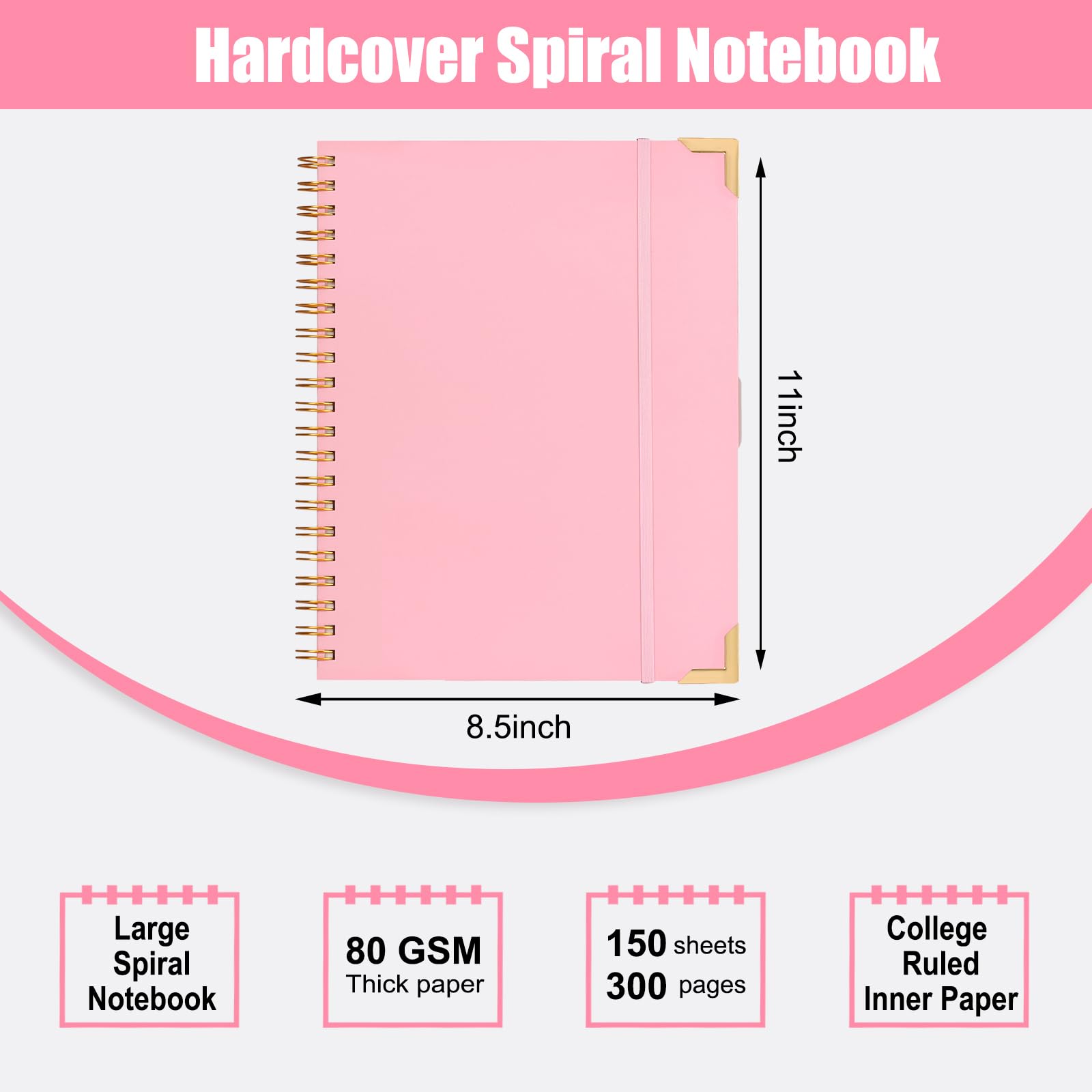 EOOUT Spiral Notebook - 3 Subject 150 Sheets College Ruled Journal with Thick Paper, 8.5 x 11 Hardcover Notebook for Women, School & Office Supplies (Pink) - Perfect for Note Taking, Journaling & Gift Giving