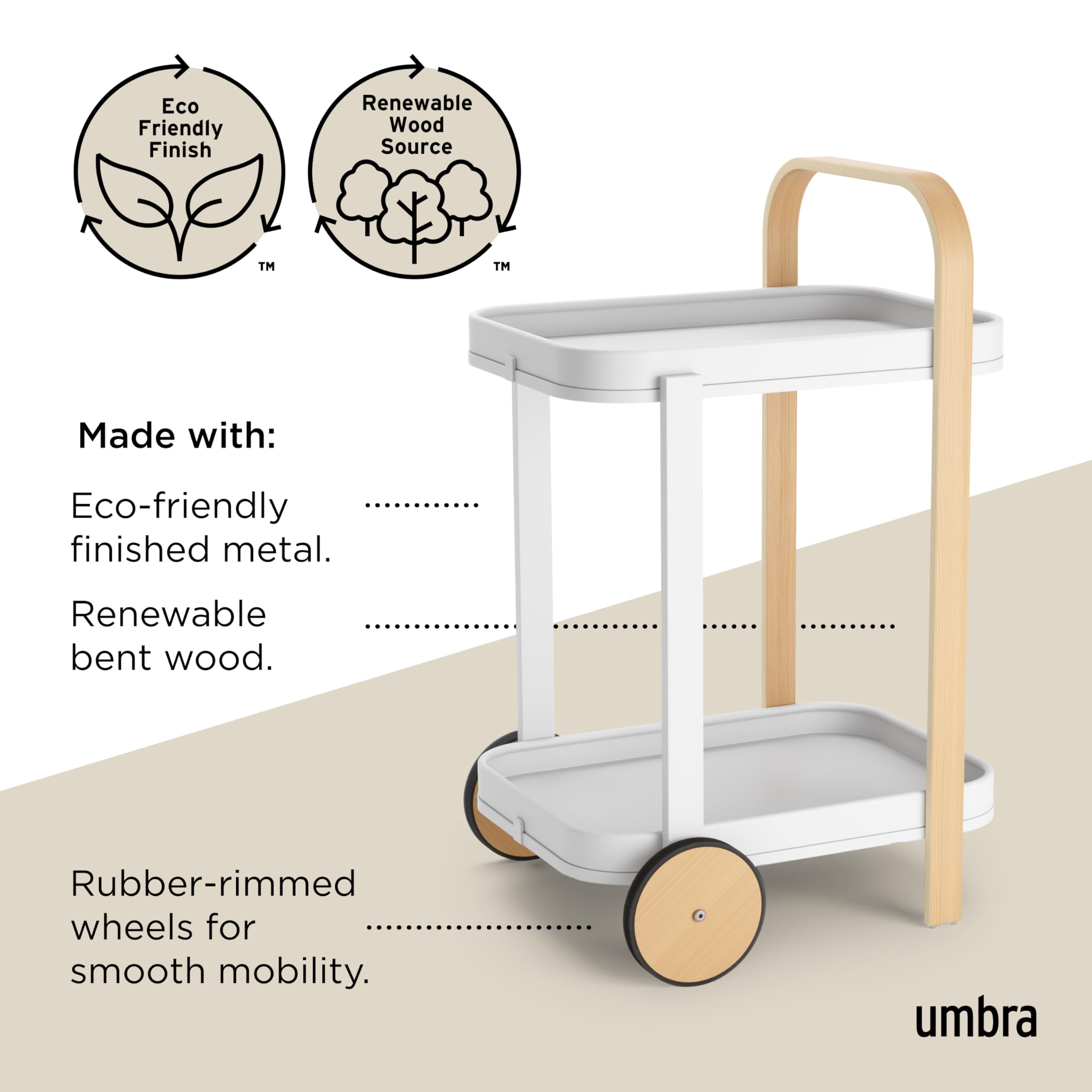 Umbra Bellwood Bar Cart - Modern Serving Trolley & Side Table in Natural/White Finish | Perfect for Home Bar, Living Room, and Outdoor Entertaining