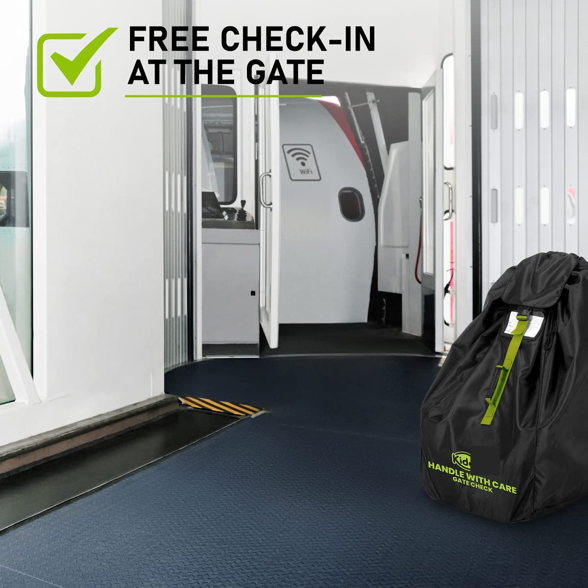 KiddiGo Universal Car Seat Travel Bag for Airplanes - Black & Green, 33”H x 18”W x 18”D - Fits Most Convertible, Booster & Infant Car Seats - Gate Check Approved Protective Cover with Easy Carry Handle | Perfect for Family Travel, Airplane Trips & Road Trips